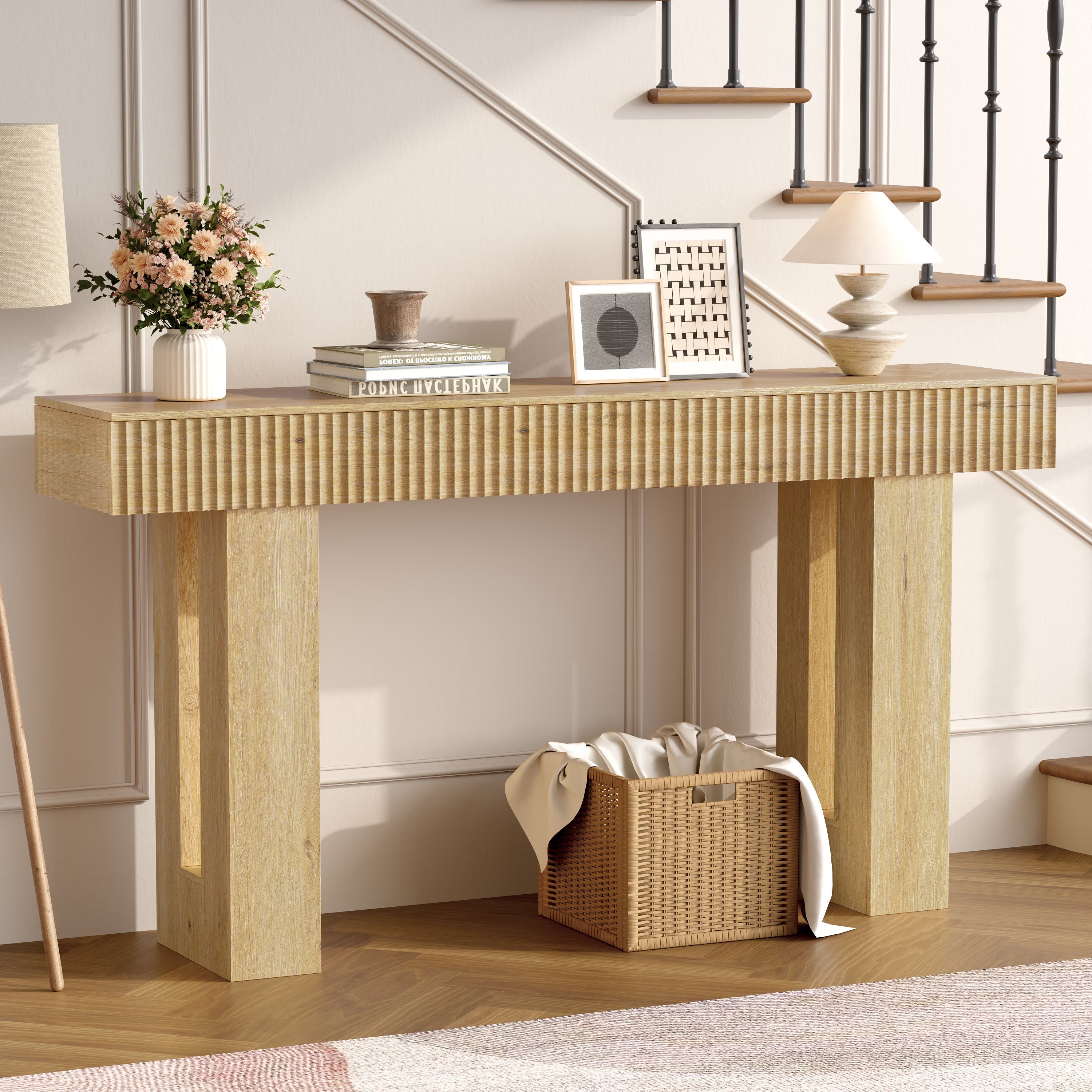 Anymaple HLG193 Oak 63 inch fluted console table, hallway console table styled under stairs with lamps and decor