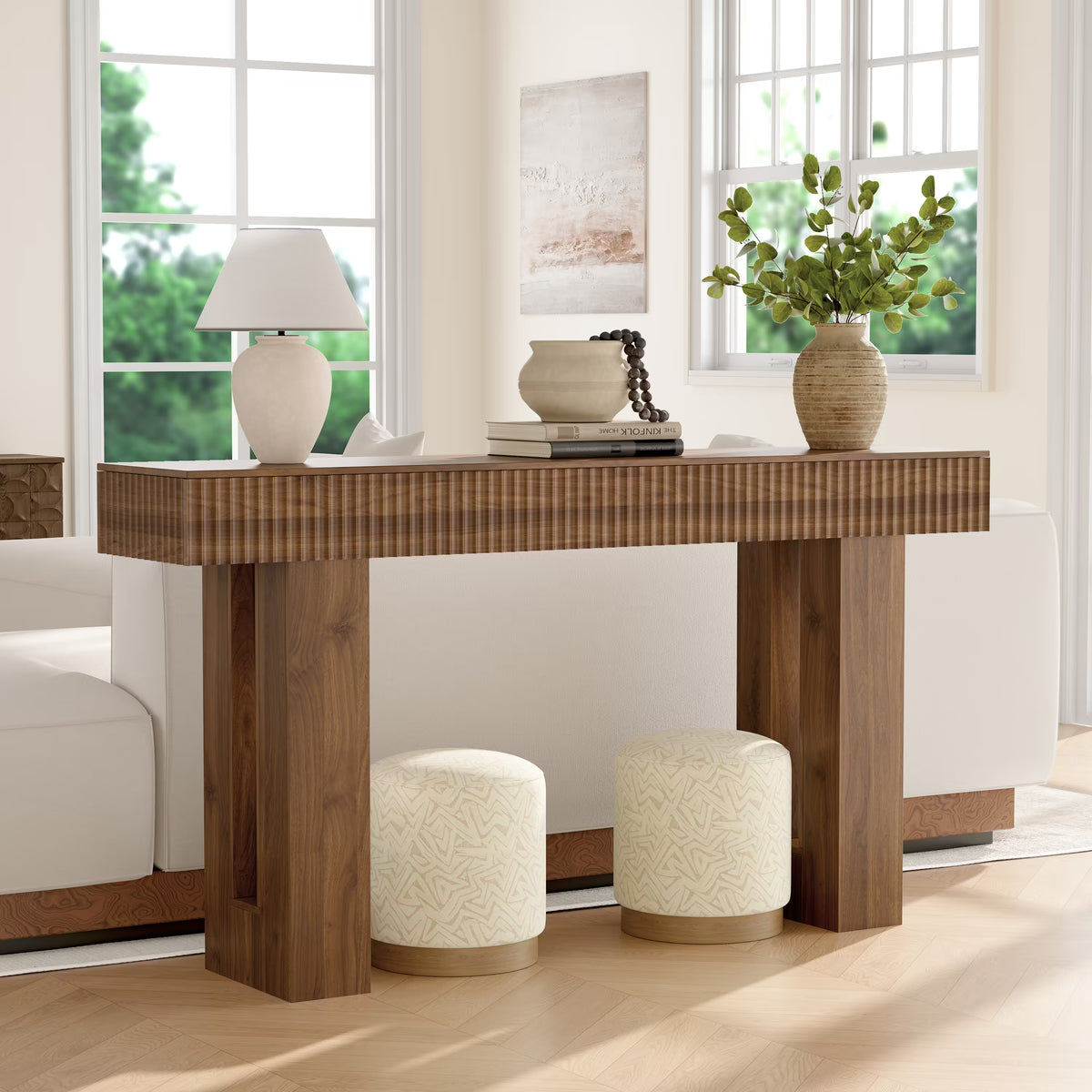 Anymaple HLG193 Walnut 63 inch fluted console table, behind couch sofa table layout for living room storage and display