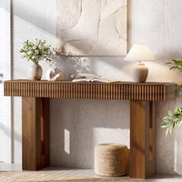 Anymaple HLG193 Walnut 63 inch fluted console table, entryway table styled with decor for a modern foyer