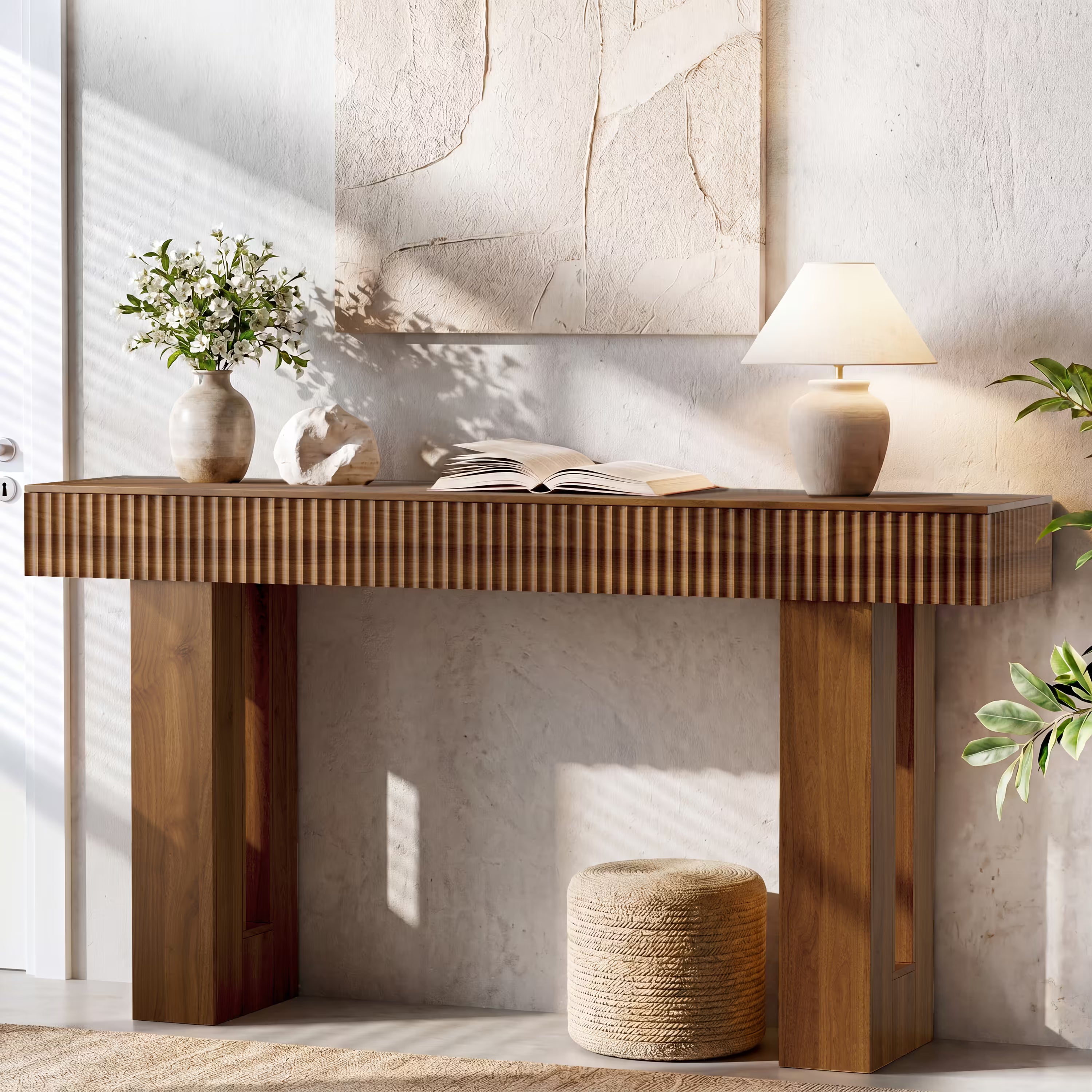 Anymaple HLG193 Walnut 63 inch fluted console table, entryway table styled with decor for a modern foyer