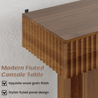 Anymaple HLG193 Walnut 63 inch fluted console table, close up of fluted panel texture and wood grain finish