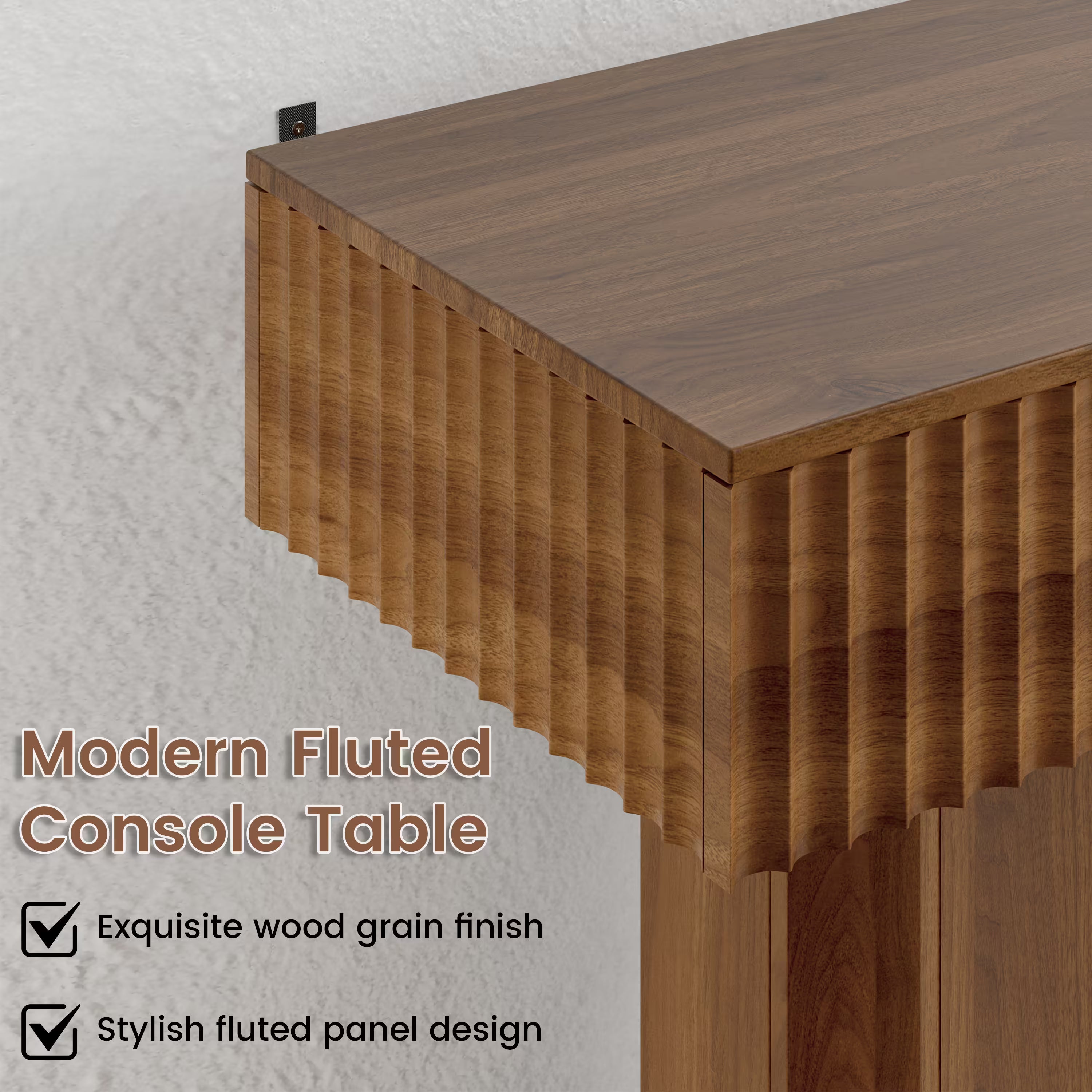 Anymaple HLG193 Walnut 63 inch fluted console table, close up of fluted panel texture and wood grain finish
