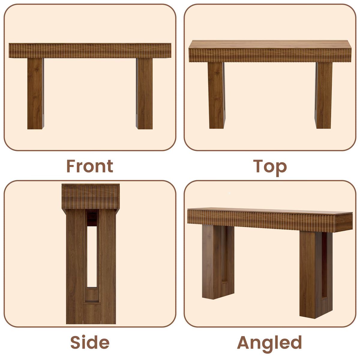 Anymaple HLG193 Walnut 63 inch fluted console table, multi angle structure view showing front side top and leg details