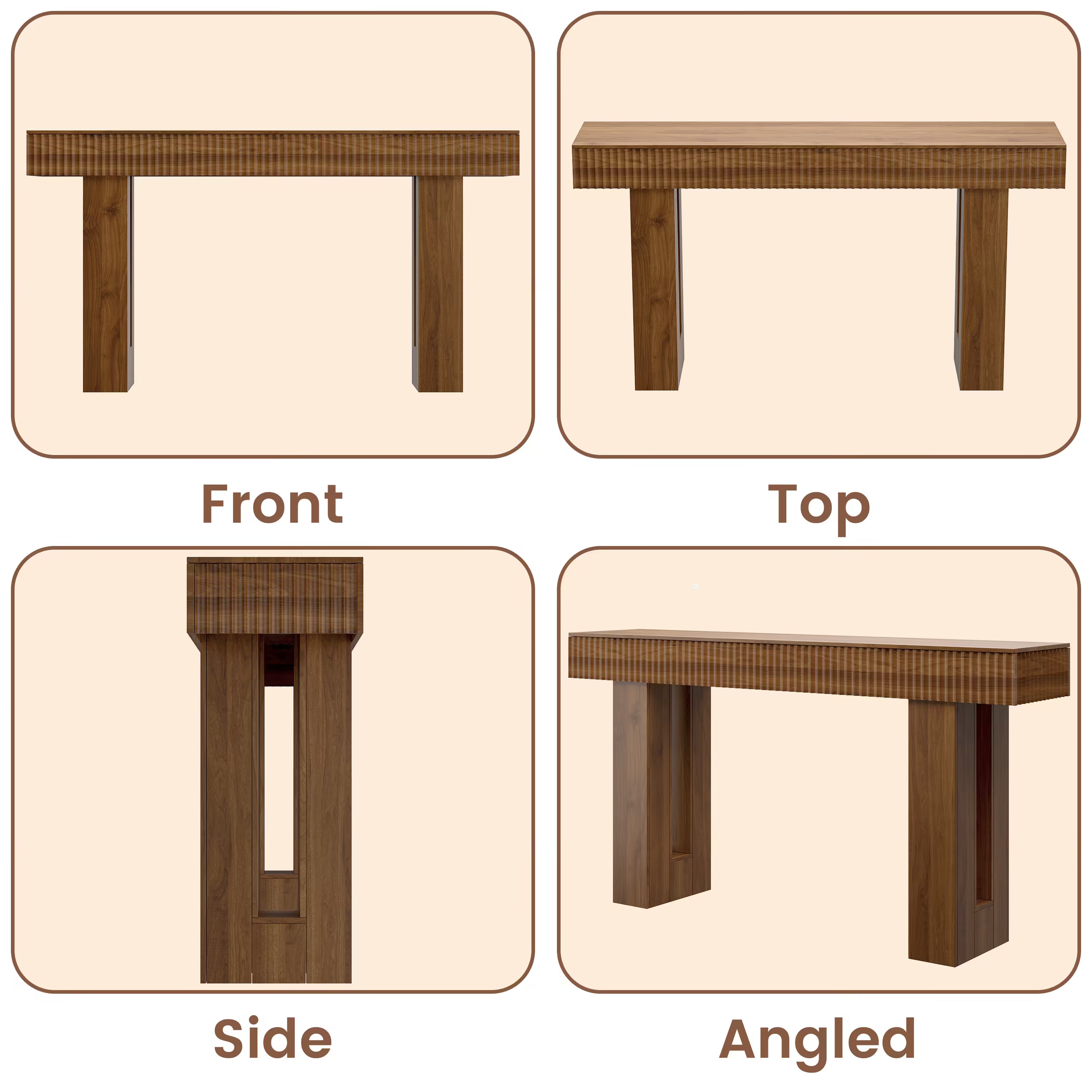 Anymaple HLG193 Walnut 63 inch fluted console table, multi angle structure view showing front side top and leg details