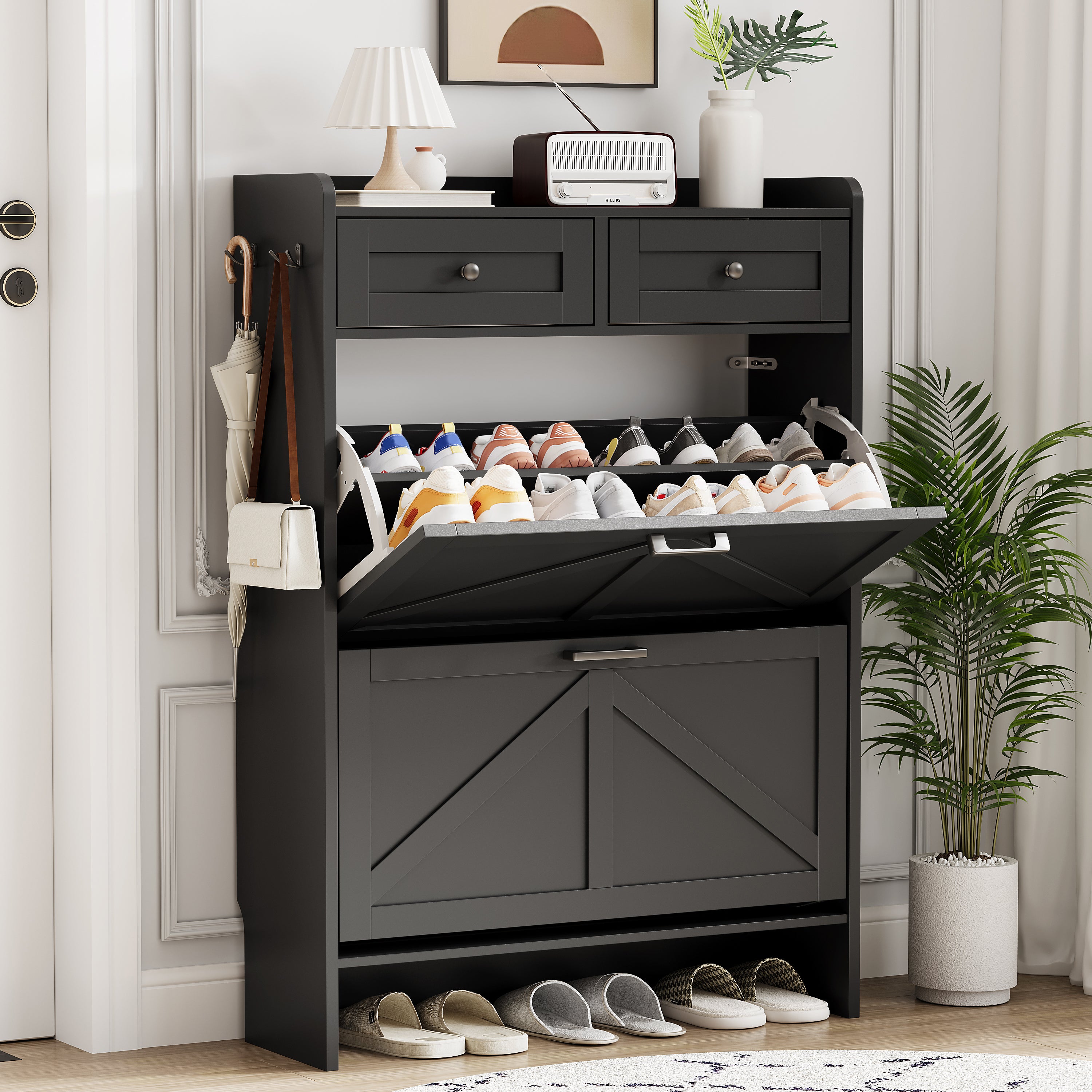Anymaple Newport Black 2-door shoe cabinet, hidden shoe storage that keeps footwear out of sight and reduces clutter