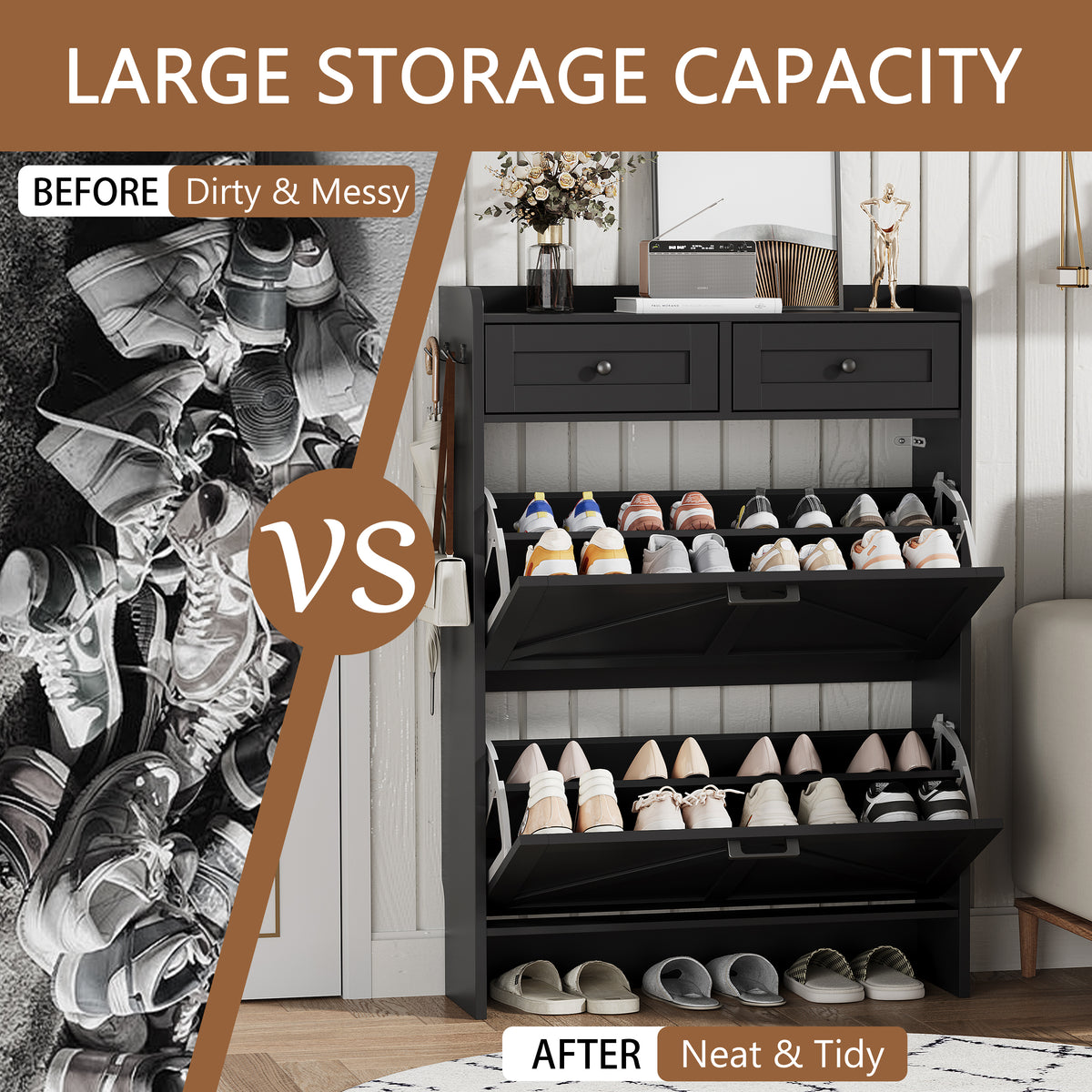 Anymaple Newport Black 2-door shoe cabinet, large capacity shoe organizer cabinet for family footwear
