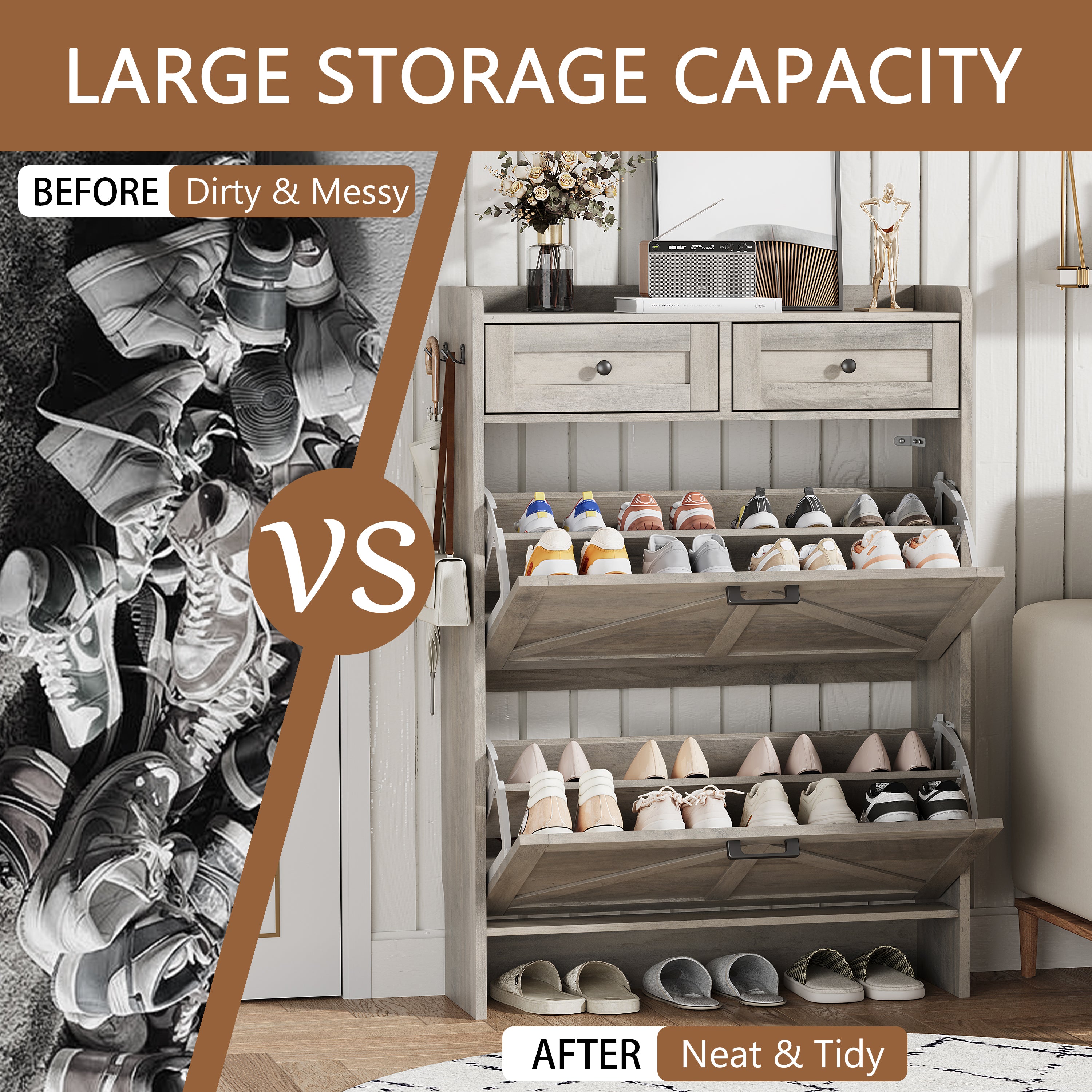 Anymaple Newport Black 2-door shoe cabinet, multi angle view of enclosed shoe cabinet storage