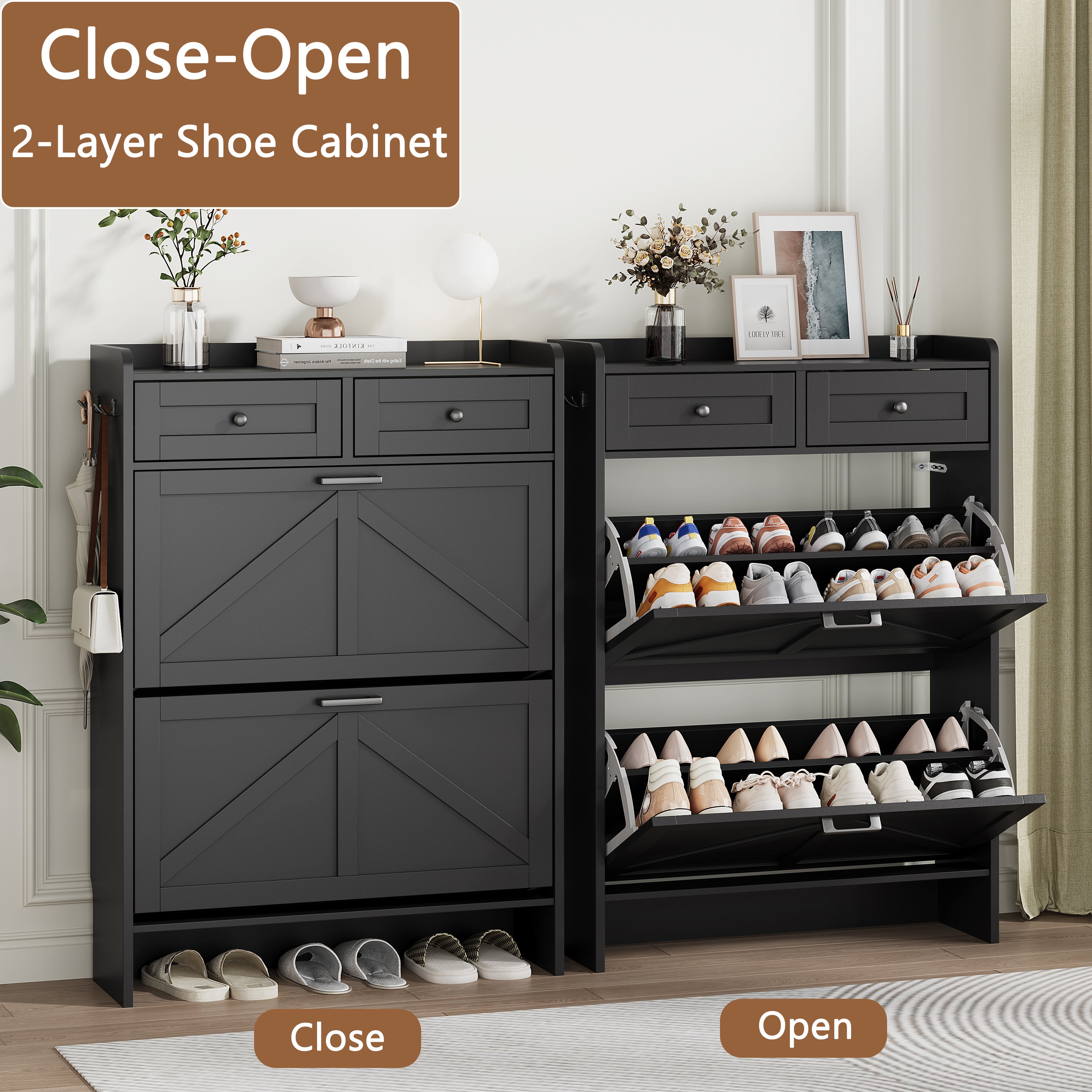 Anymaple Newport Black 2-door shoe cabinet, top drawers for keys wallets accessories and entryway essentials