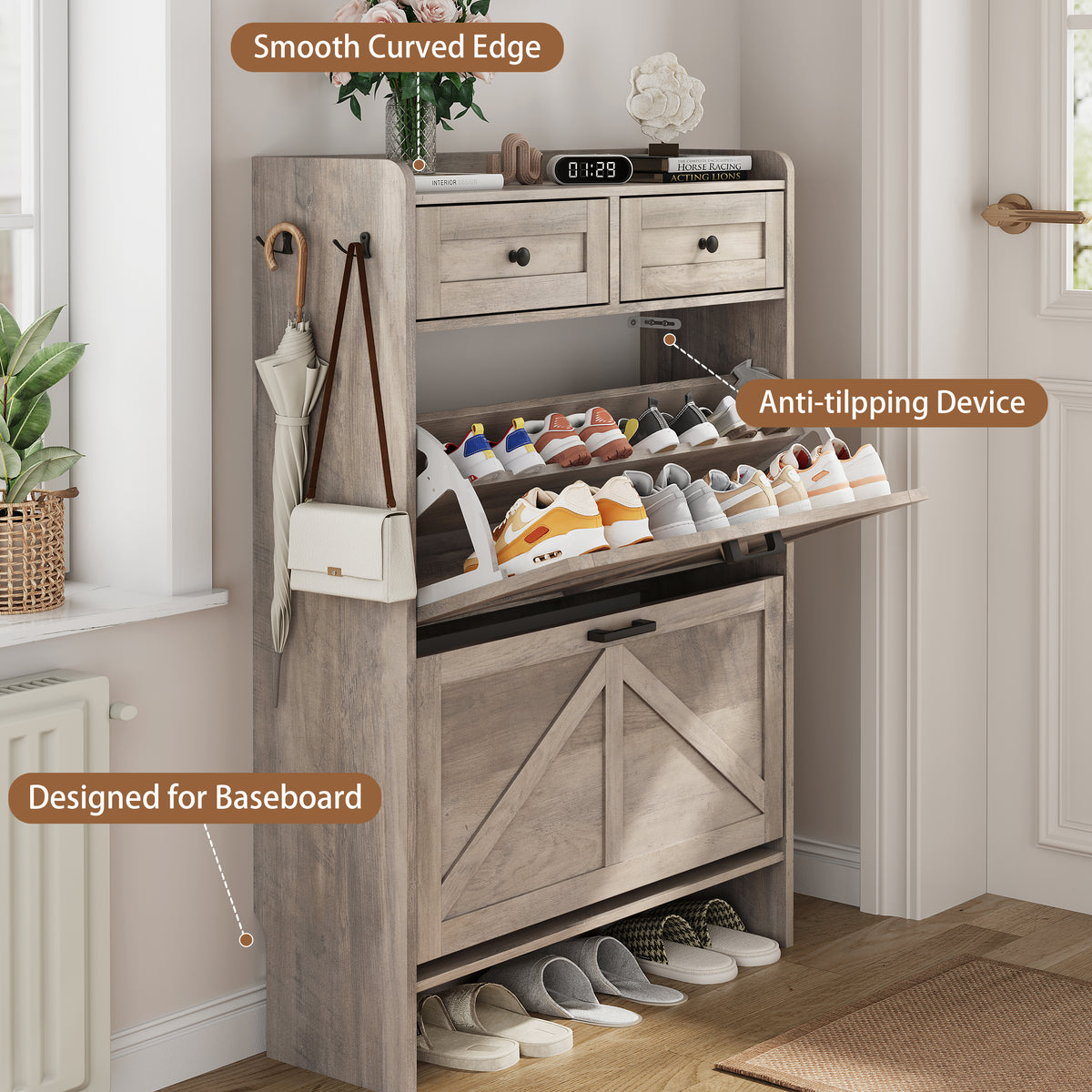 Anymaple Newport Gray 2-door shoe cabinet, adjustable panels for flexible shoe organization