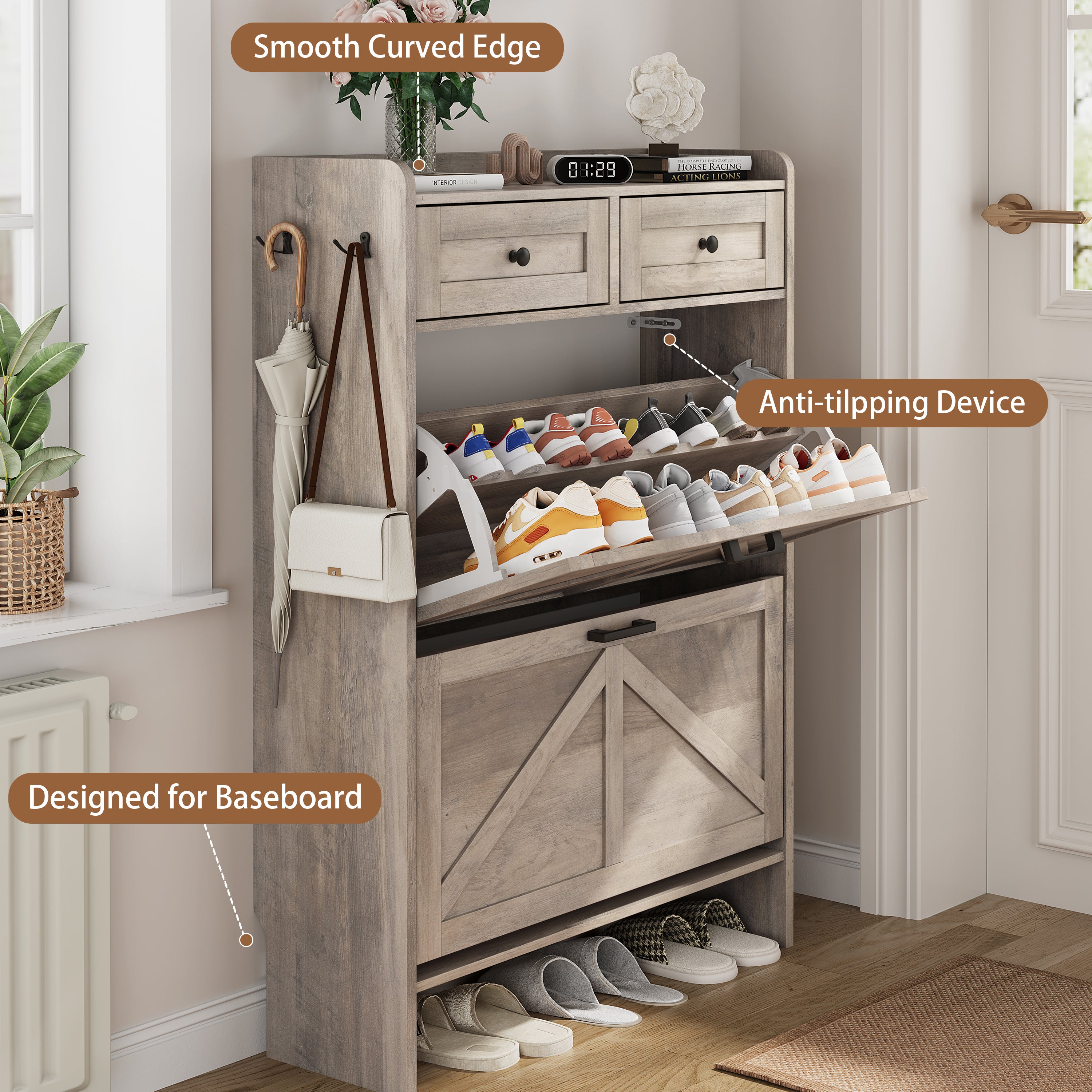 Anymaple Newport Gray 2-door shoe cabinet, adjustable panels for flexible shoe organization