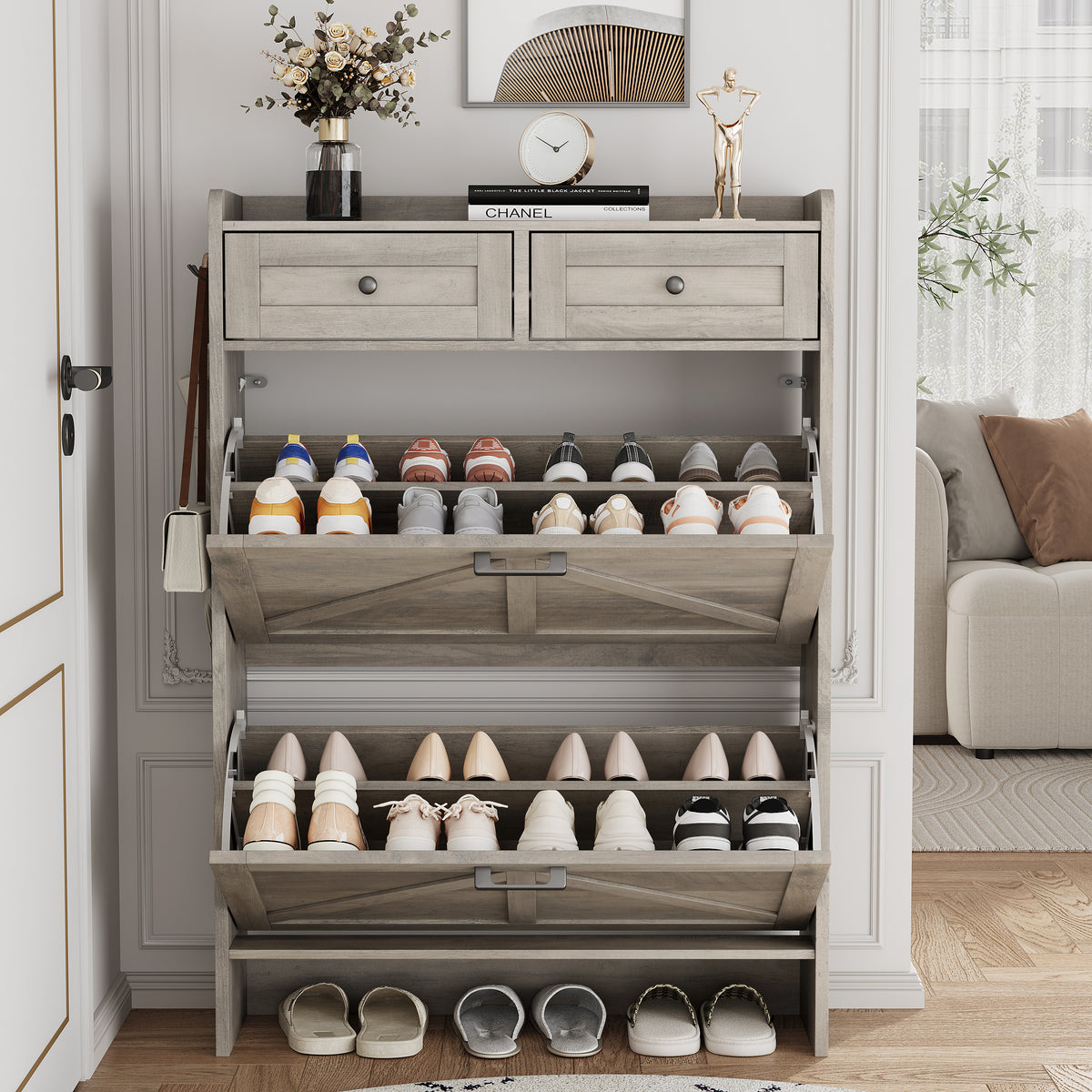 Anymaple Newport Gray 2-door shoe cabinet, hidden shoe storage that keeps footwear out of sight and reduces clutter