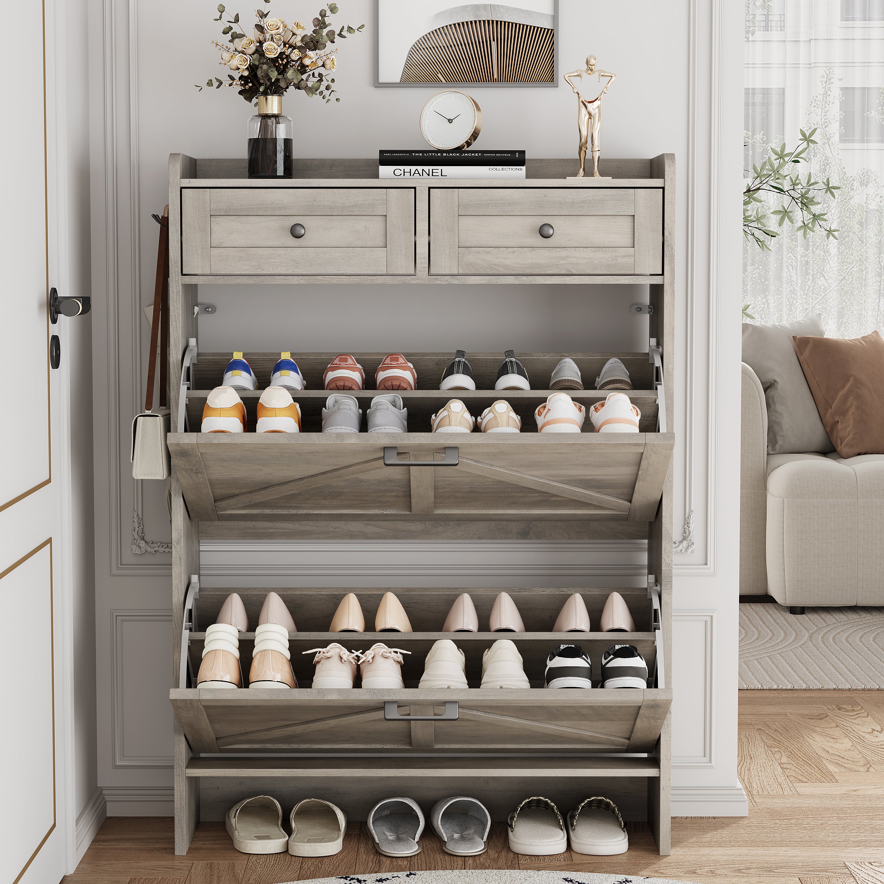 Anymaple Newport Gray 2-door shoe cabinet, hidden shoe storage that keeps footwear out of sight and reduces clutter