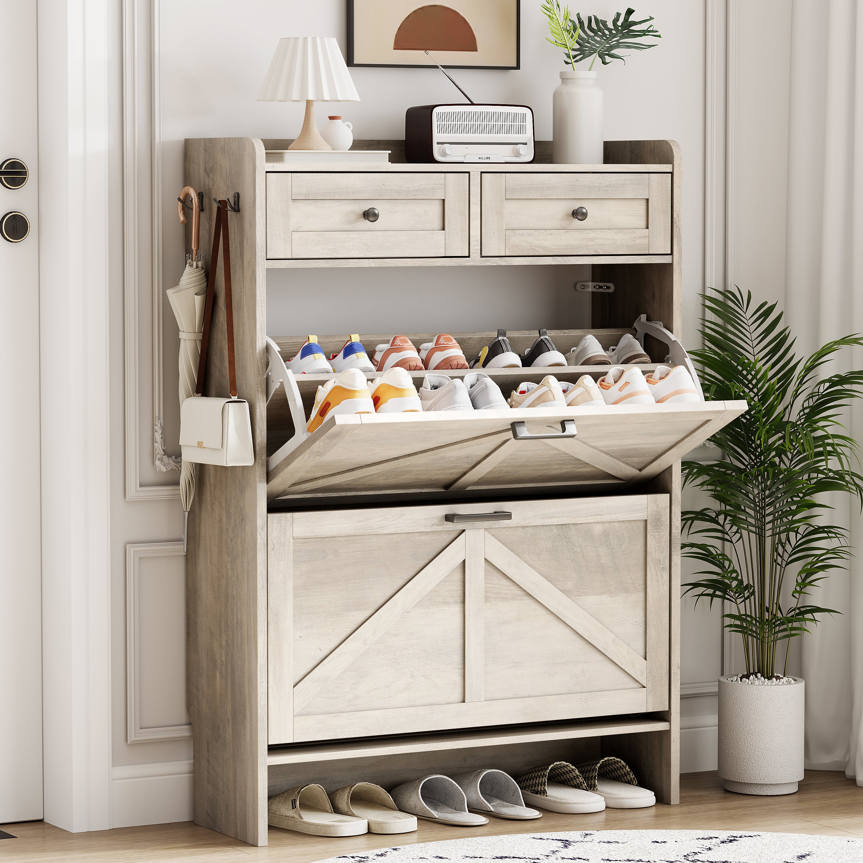 Anymaple Newport Gray 2-door shoe cabinet, narrow shoe cabinet styled for hallway foyer or apartment entryway