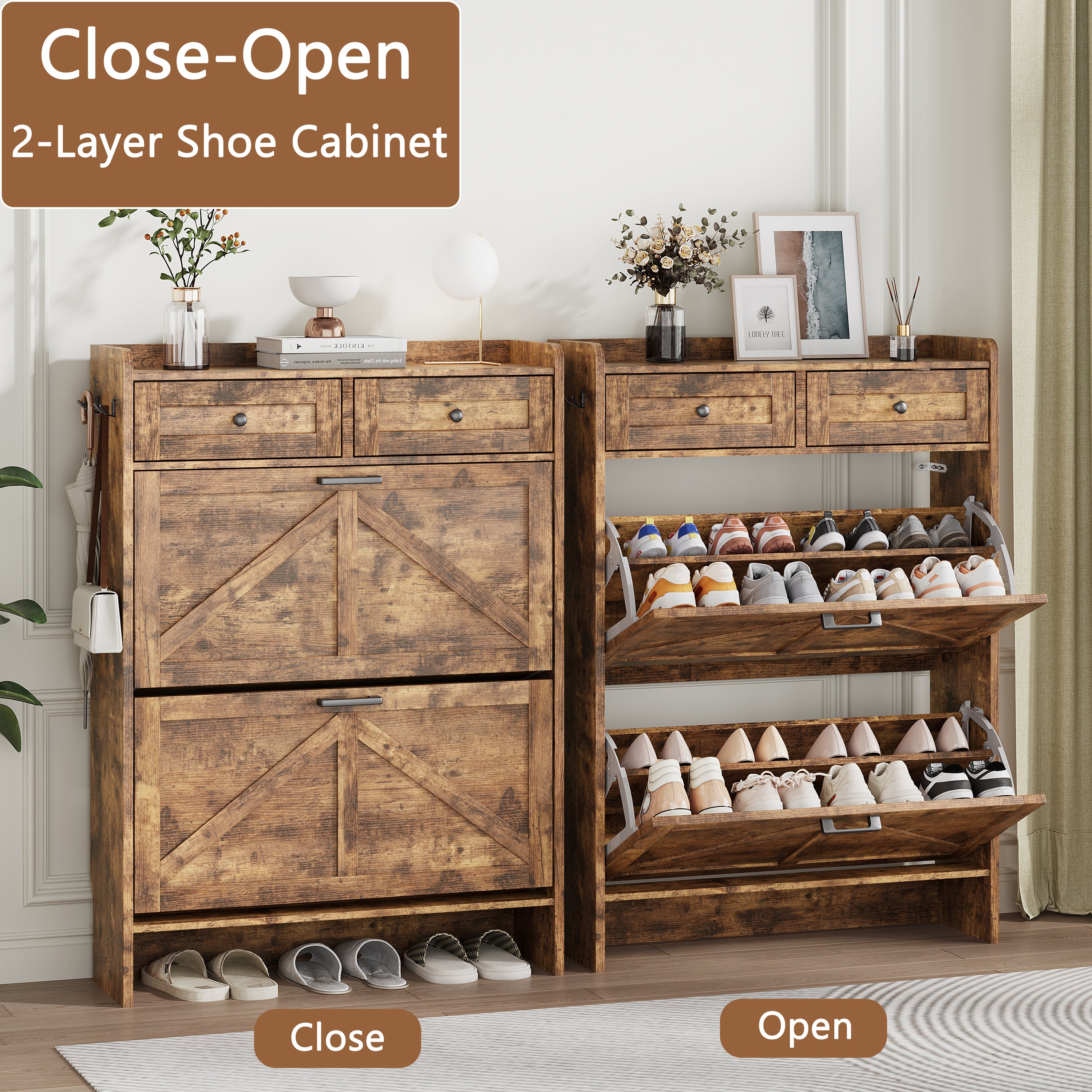 Anymaple Newport Brown 2-door shoe cabinet, adjustable panels for flexible shoe organization