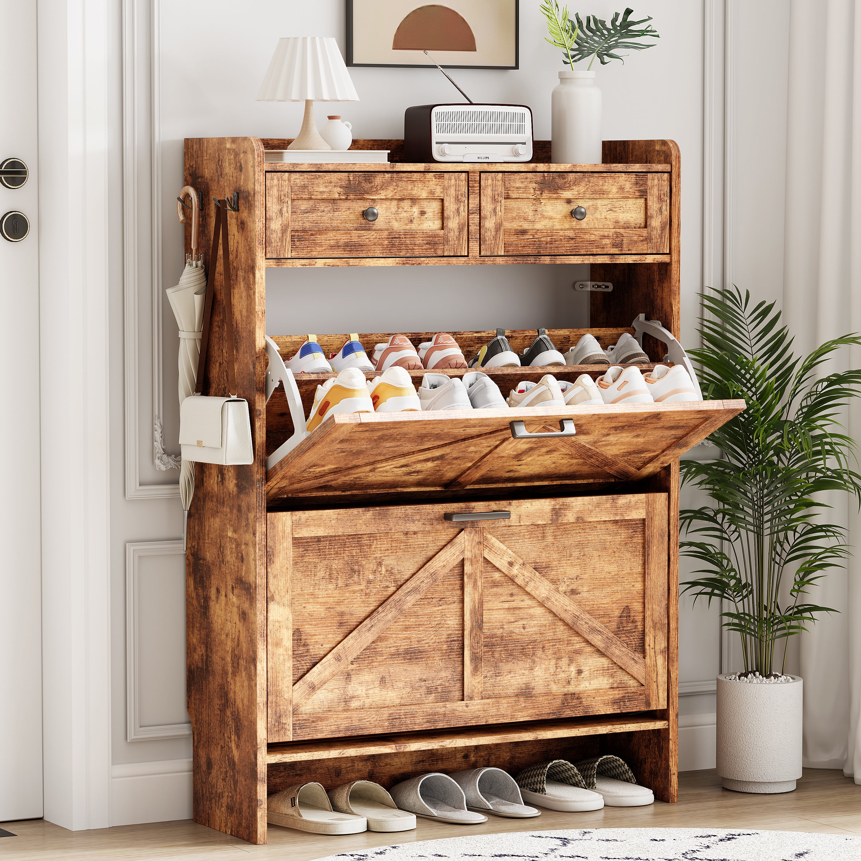 Anymaple Newport Brown 2-door shoe cabinet, large capacity shoe organizer cabinet for family footwear