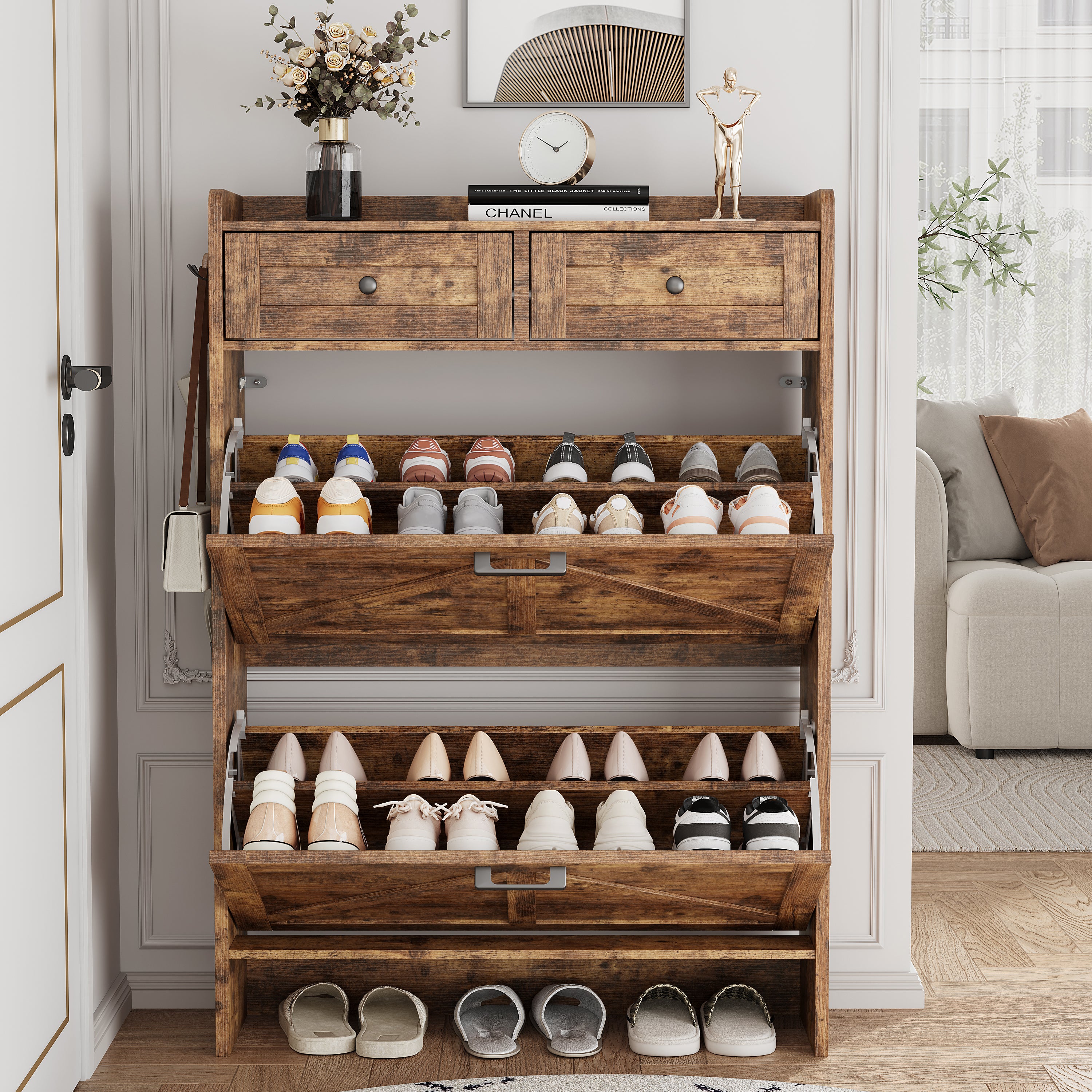 Anymaple Newport Brown 2-door shoe cabinet, stable farmhouse style cabinet detail for daily home use
