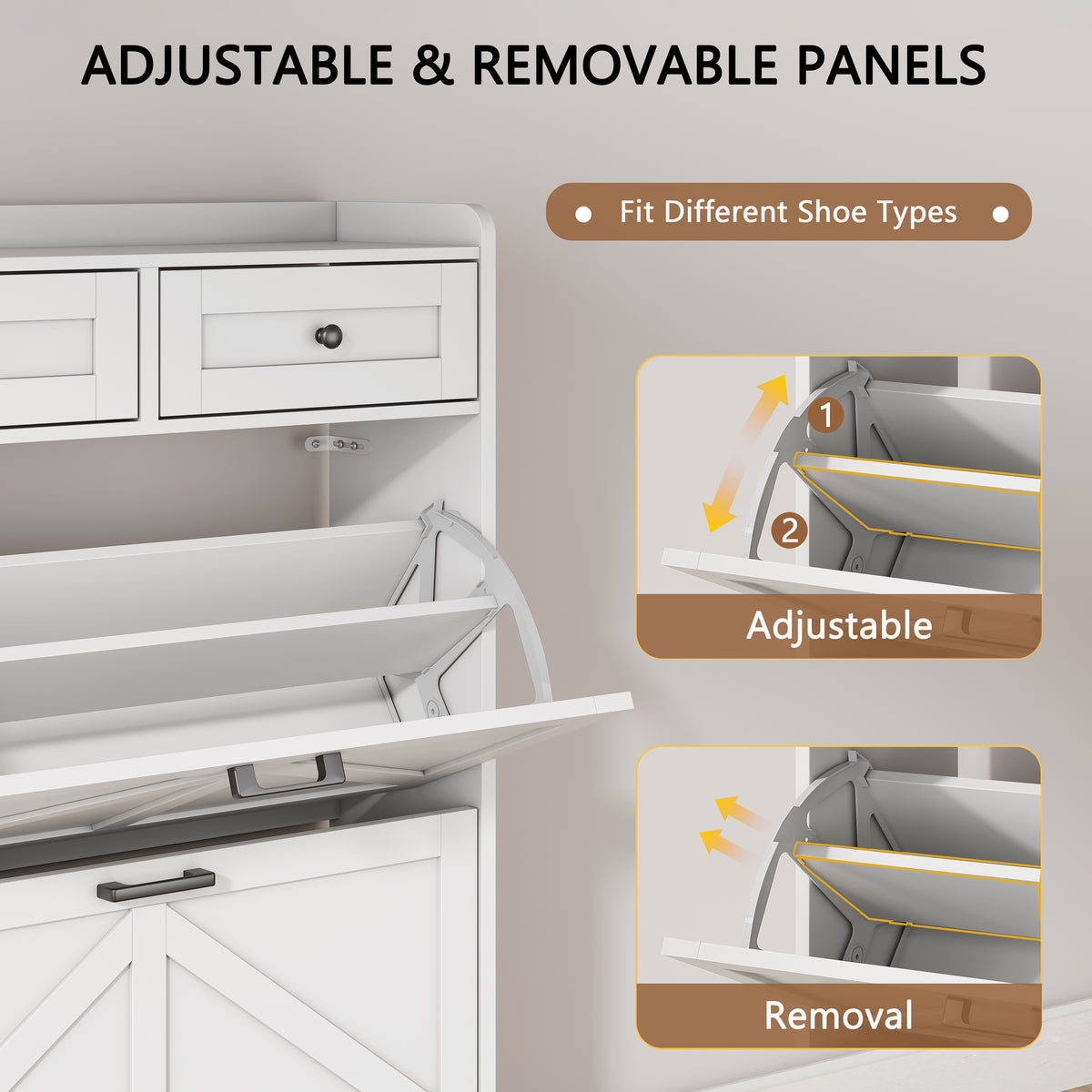 Anymaple Newport White 2-door shoe cabinet, adjustable panels for flexible shoe organization