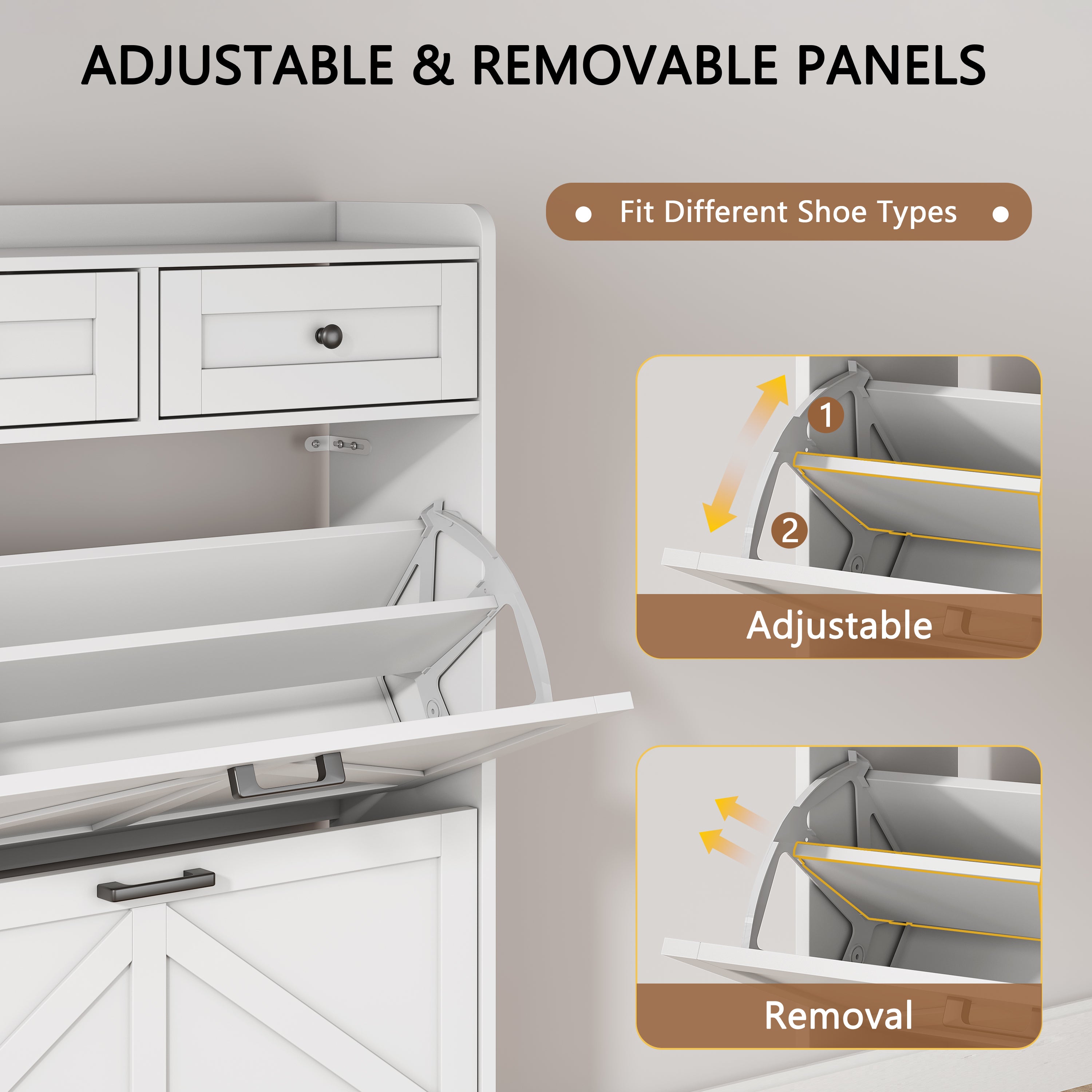 Anymaple Newport White 2-door shoe cabinet, adjustable panels for flexible shoe organization