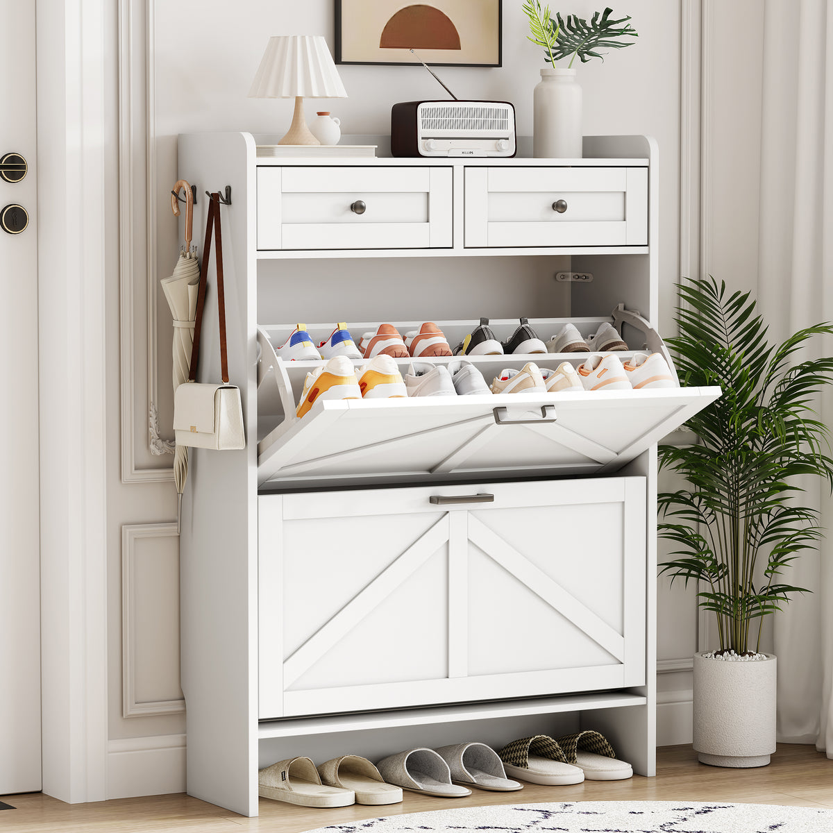 Anymaple Newport White 2-door shoe cabinet, large capacity shoe organizer cabinet for family footwear