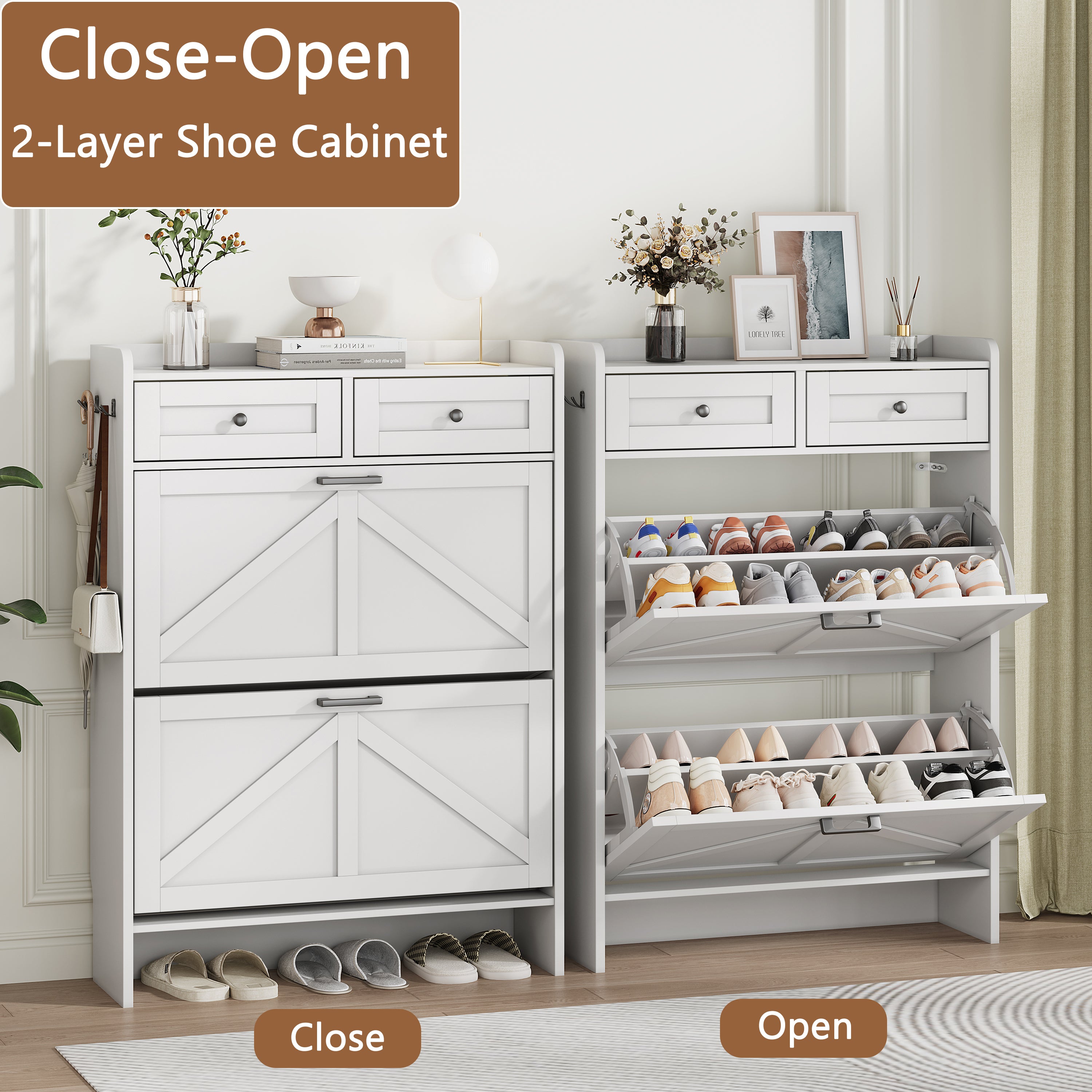 Anymaple Newport White 2-door shoe cabinet, narrow shoe cabinet styled for hallway foyer or apartment entryway