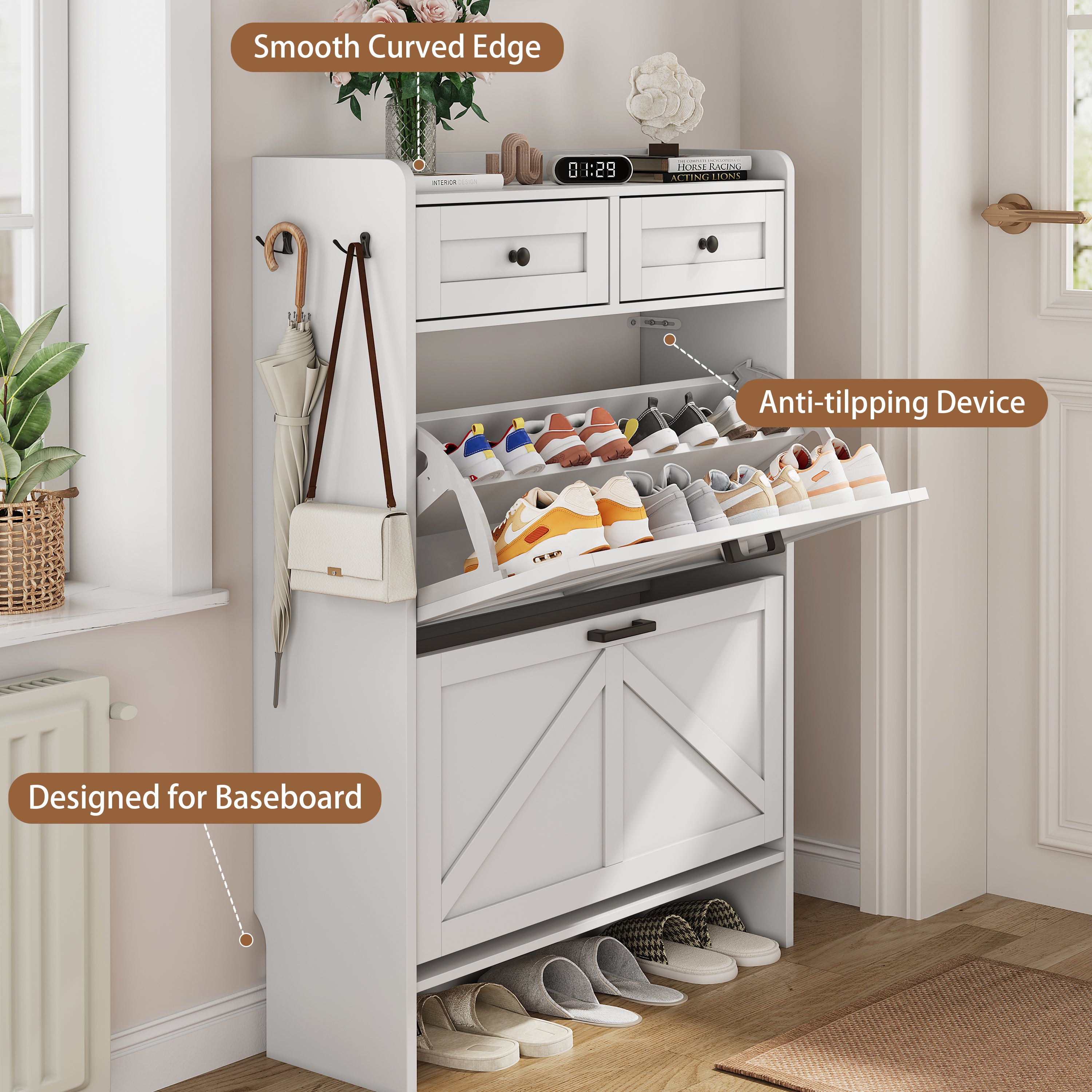 Anymaple Newport White 2-door shoe cabinet, stable farmhouse style cabinet detail for daily home use