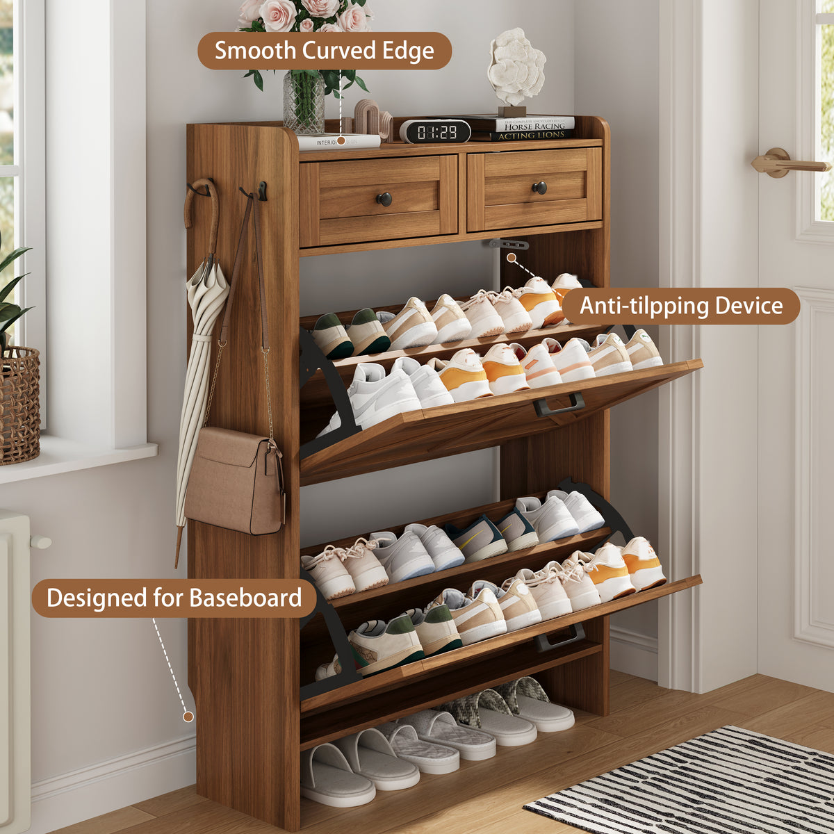 Anymaple Newport Walnut 2-door shoe cabinet, flip drawer storage for sneakers flats sandals and daily shoes