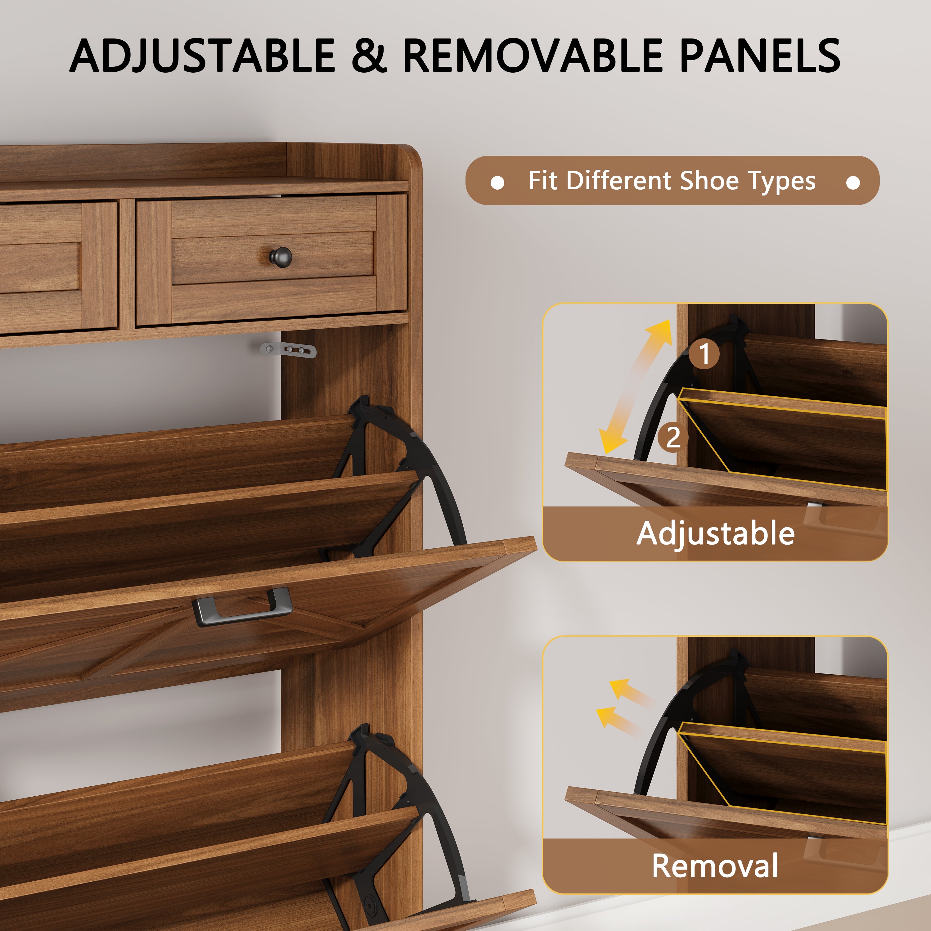 Anymaple Newport Walnut 2-door shoe cabinet, narrow shoe cabinet styled for hallway foyer or apartment entryway