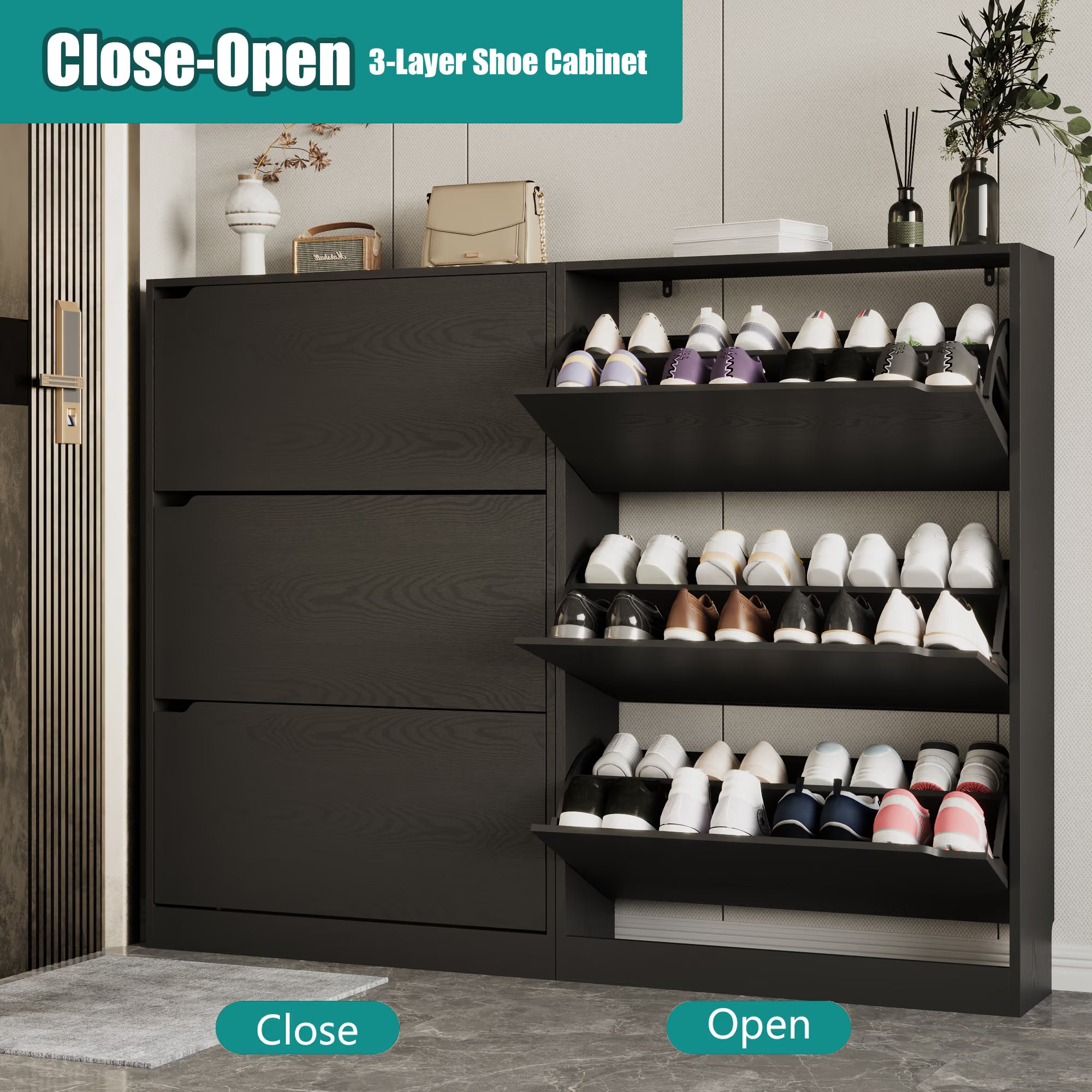 Anymaple Crestline Black 3-door shoe cabinet, hidden shoe storage cabinet that reduces clutter and dust