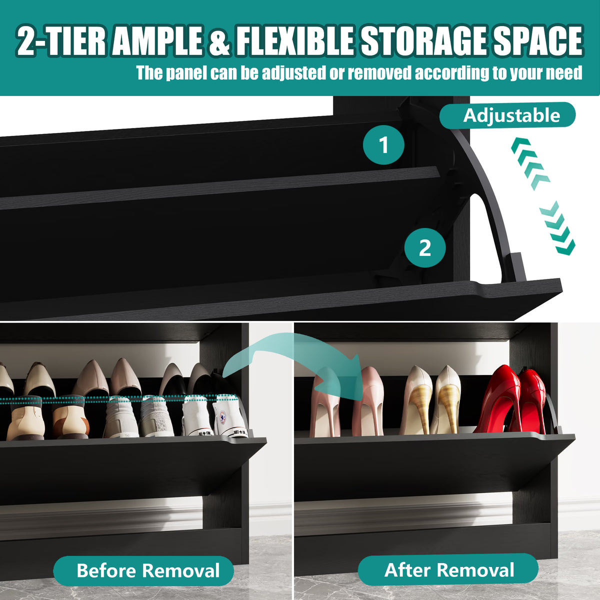 Anymaple Crestline Black 3-door shoe cabinet, slim shoe cabinet styled for narrow entryway or hallway spaces
