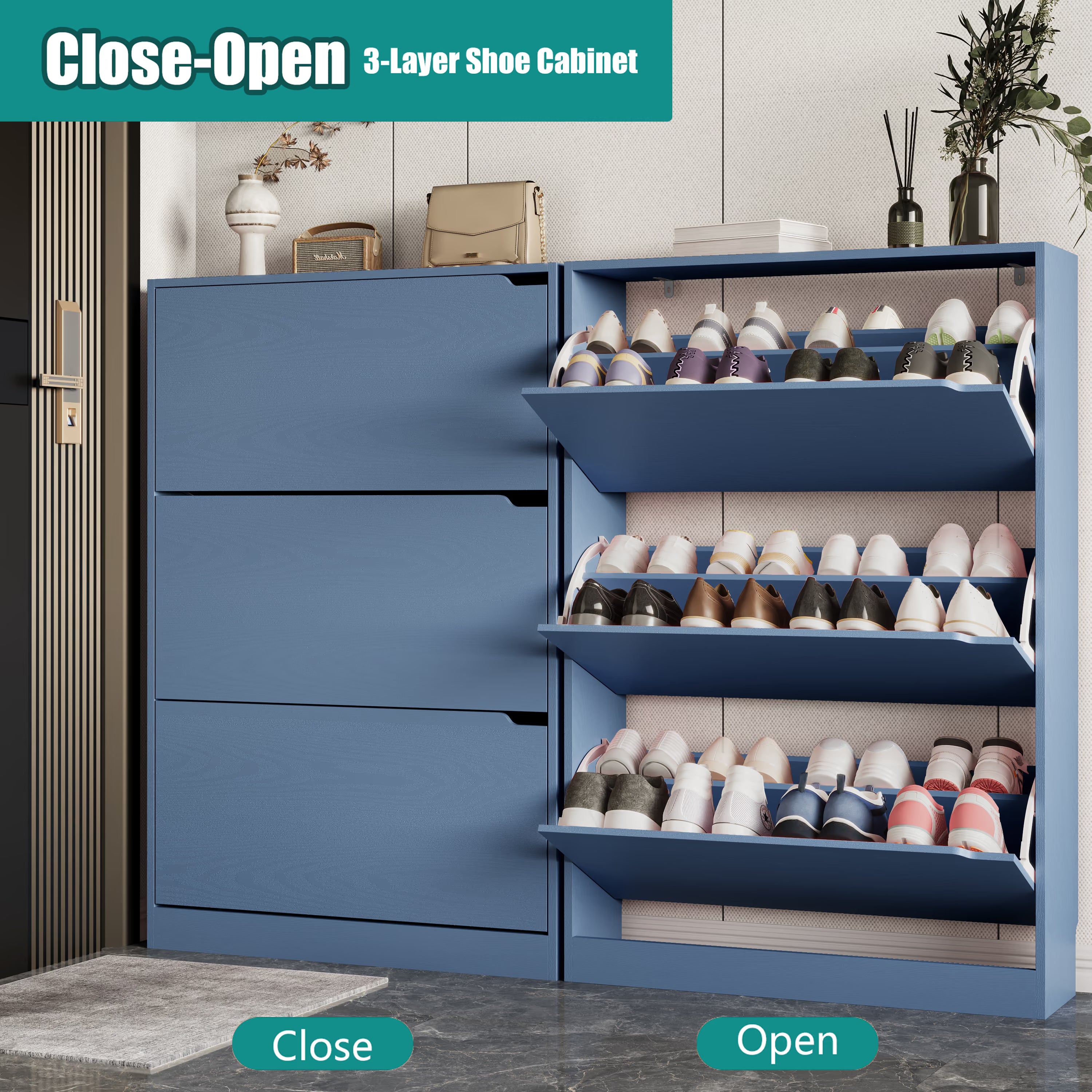 Anymaple Crestline Blue 3-door shoe cabinet, hidden shoe storage cabinet that reduces clutter and dust
