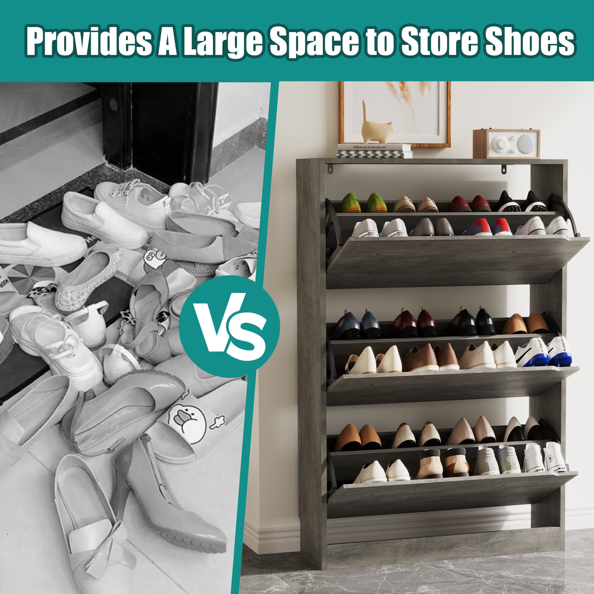Anymaple Crestline Gray 3-door shoe cabinet, adjustable interior panels for flexible shoe organization
