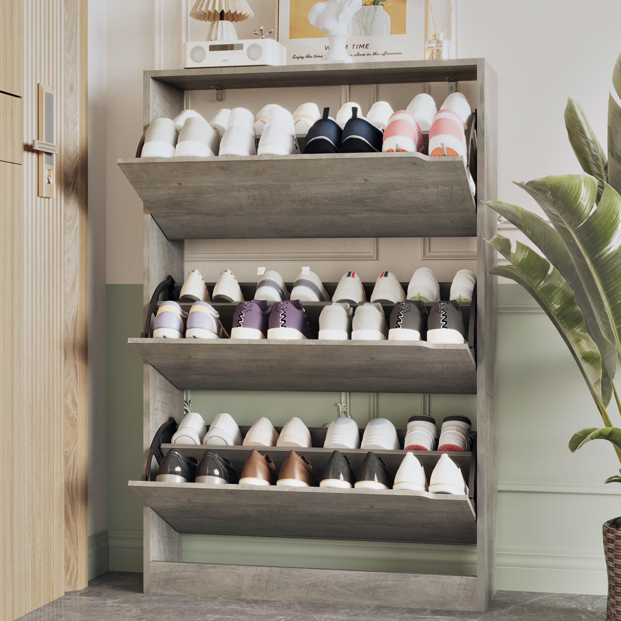 Anymaple Crestline Gray 3-door shoe cabinet, 3 flip drawer shoe cabinet for entryway shoe storage