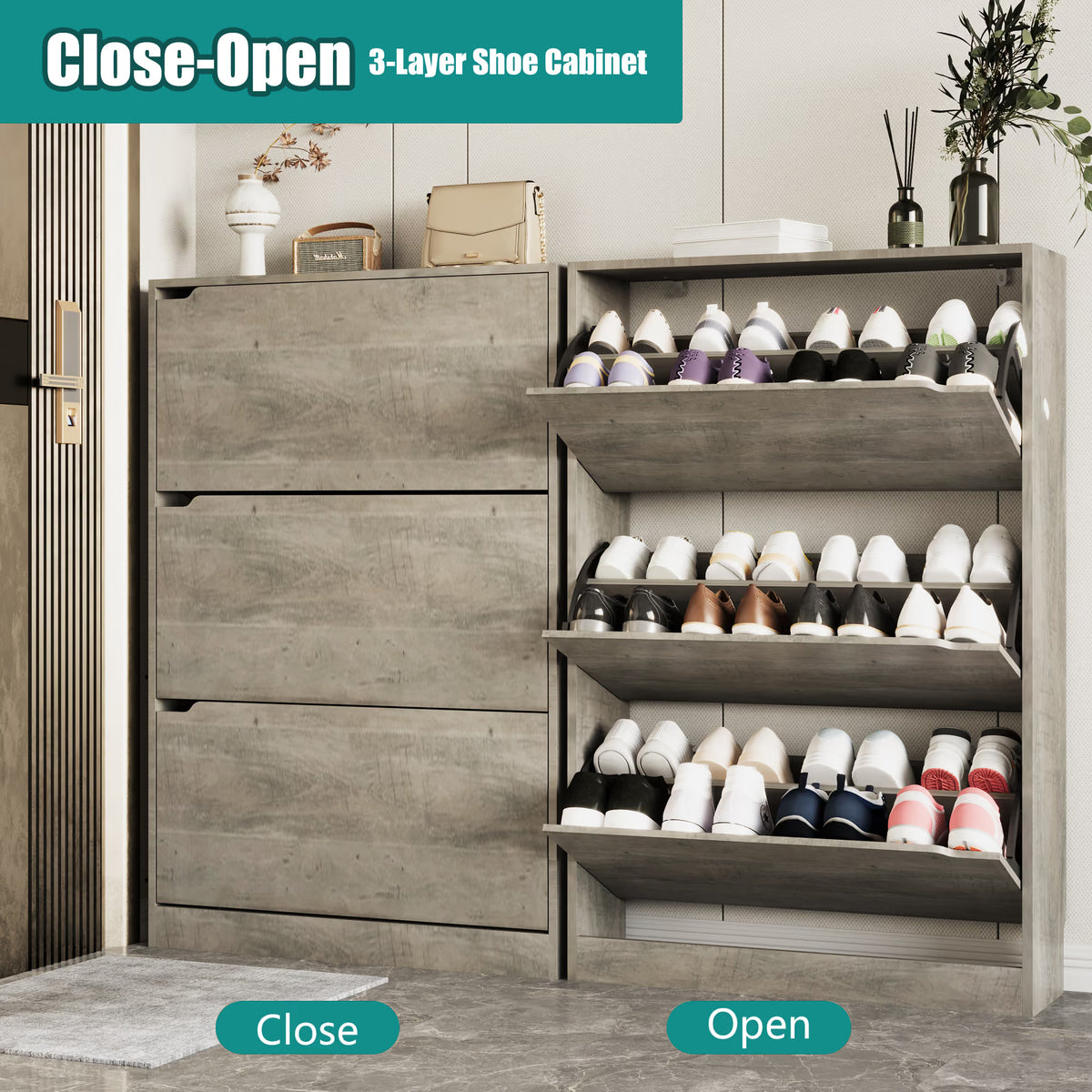 Anymaple Crestline Gray 3-door shoe cabinet, hidden shoe storage cabinet that reduces clutter and dust