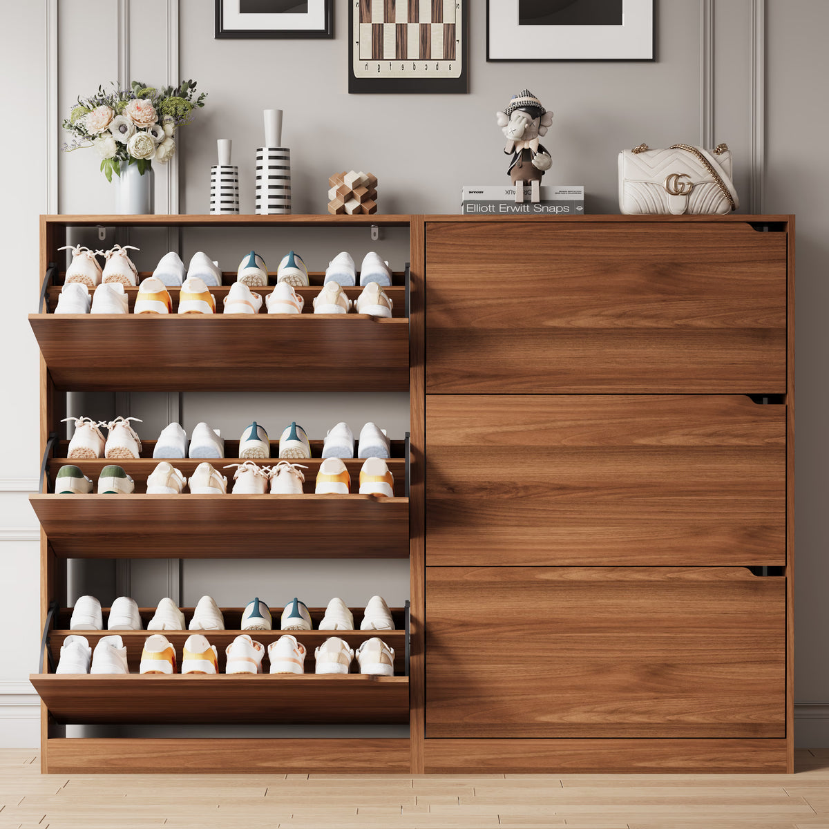 Anymaple Crestline Walnut 3-door shoe cabinet, 3 flip drawer shoe cabinet for entryway shoe storage