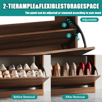 Anymaple Crestline Walnut 3-door shoe cabinet, slim shoe cabinet styled for narrow entryway or hallway spaces
