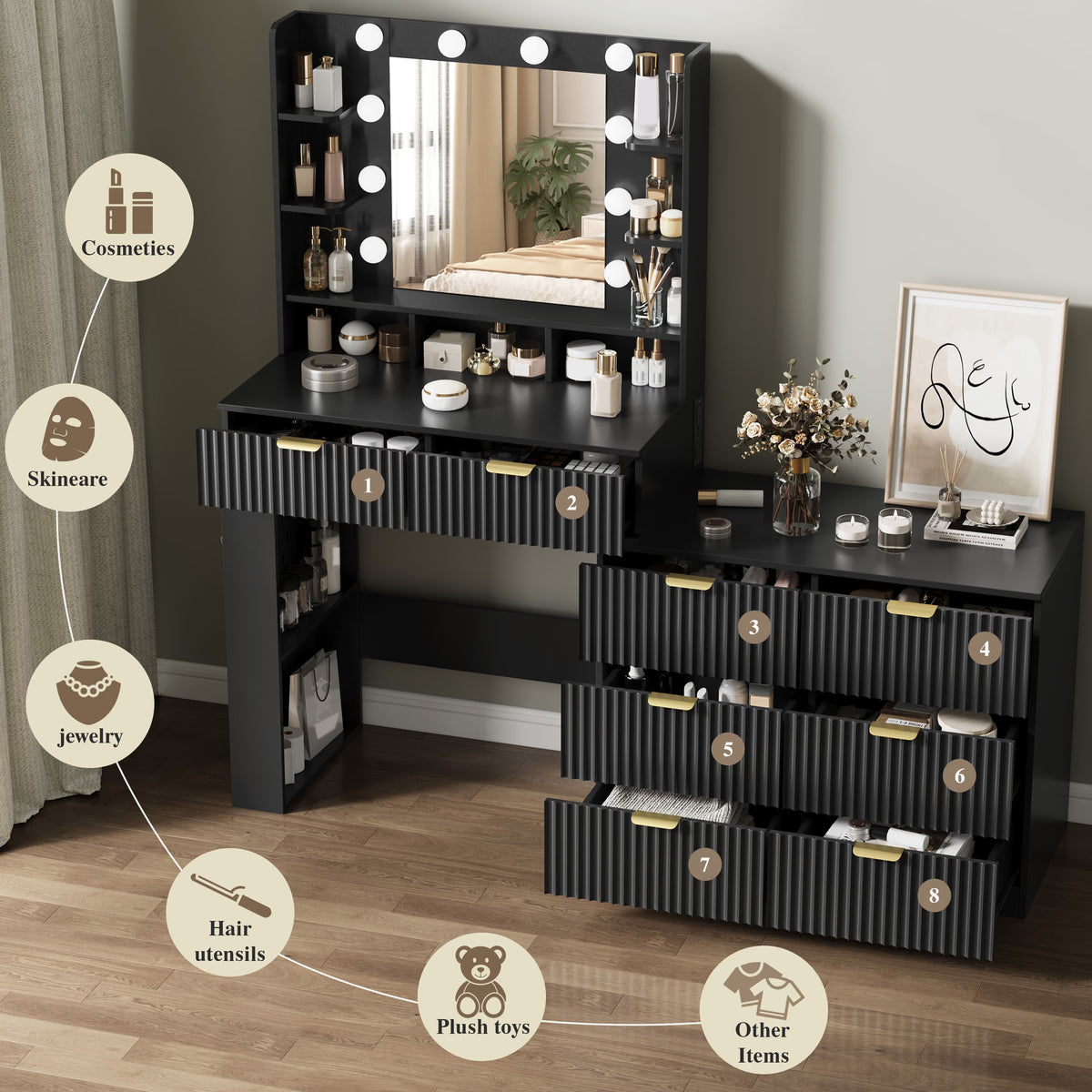 Anymaple Liora Collection Black 57" fluted makeup vanity with mirror and lights 8-drawer storage for cosmetics, jewelry, and daily beauty tools