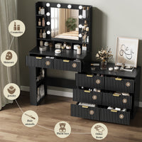Anymaple Liora Collection Black 57" fluted makeup vanity with mirror and lights 8-drawer storage for cosmetics, jewelry, and daily beauty tools