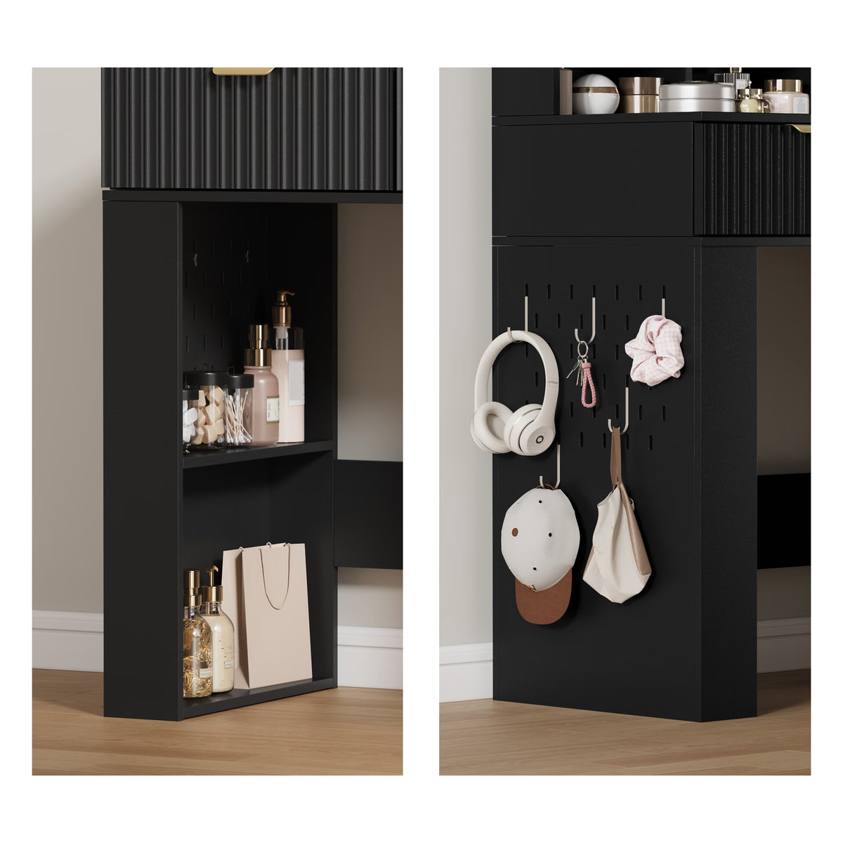 Anymaple Liora Collection Black 57" fluted makeup vanity with mirror and lights fluted drawer front and modern bedroom vanity finish