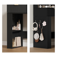 Anymaple Liora Collection Black 57" fluted makeup vanity with mirror and lights fluted drawer front and modern bedroom vanity finish