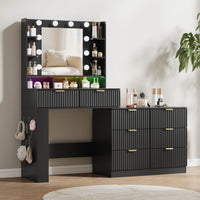 Anymaple Liora Collection Black 57" fluted makeup vanity with mirror and lights HD mirror with 10 bulbs and adjustable makeup lighting