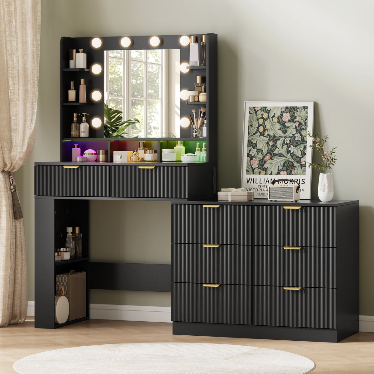 Anymaple Liora Collection Black 57" fluted makeup vanity with mirror and lights main view with wide vanity desk, lighted mirror, 8 drawers, and open shelves