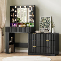 Anymaple Liora Collection Black 57" fluted makeup vanity with mirror and lights main view with wide vanity desk, lighted mirror, 8 drawers, and open shelves