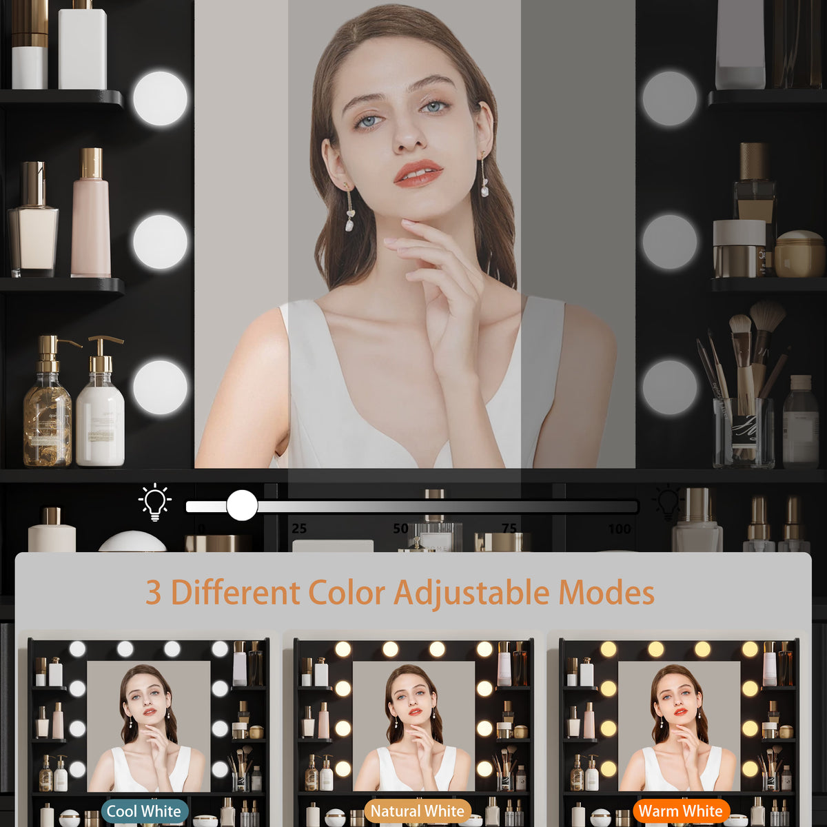 Anymaple Liora Collection Black 57" fluted makeup vanity with mirror and lights built-in power outlet with AC and USB charging ports