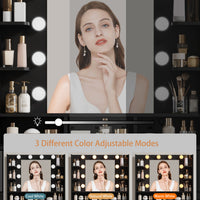 Anymaple Liora Collection Black 57" fluted makeup vanity with mirror and lights built-in power outlet with AC and USB charging ports