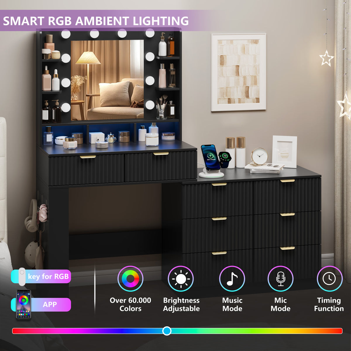 Anymaple Liora Collection Black 57" fluted makeup vanity with mirror and lights RGB ambient lighting for bedroom mood light and content styling
