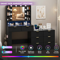 Anymaple Liora Collection Black 57" fluted makeup vanity with mirror and lights RGB ambient lighting for bedroom mood light and content styling