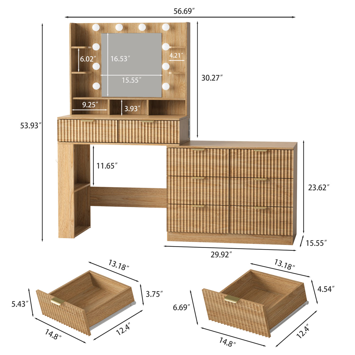 Anymaple Liora Collection Oak 57" fluted makeup vanity with mirror and lights bedroom room view for dressing table and makeup station styling