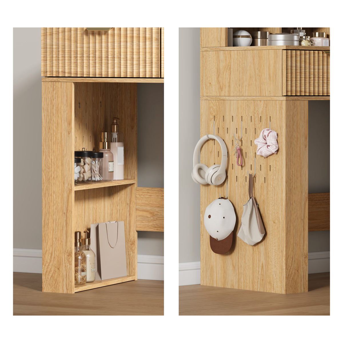 Anymaple Liora Collection Oak 57" fluted makeup vanity with mirror and lights fluted drawer front and modern bedroom vanity finish