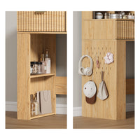 Anymaple Liora Collection Oak 57" fluted makeup vanity with mirror and lights fluted drawer front and modern bedroom vanity finish