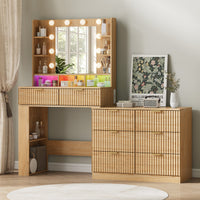 Anymaple Liora Collection Oak 57" fluted makeup vanity with mirror and lights HD mirror with 10 bulbs and adjustable makeup lighting